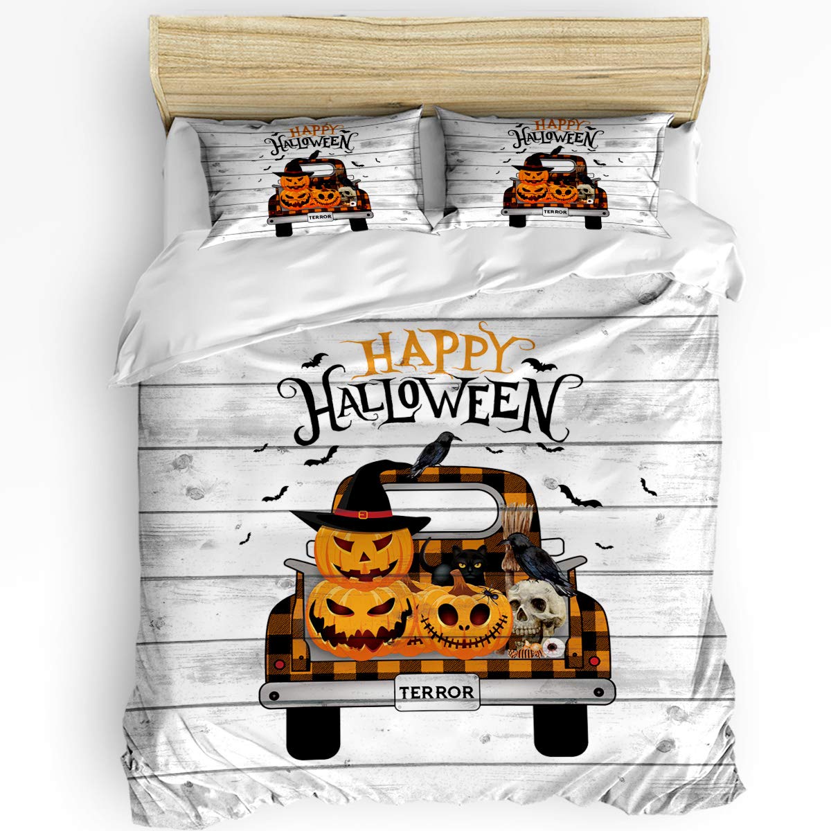 **Hellowink 3-Piece King Size Duvet Cover Set - Halloween Pumpkin Truck Design, Vintage Country Wood Print, Lightweight Soft Comforter Cover with 2 Pillow Shams | Cozy Bedding for Fall, Farmhouse Decor, Guest Room & Seasonal Home Styling**