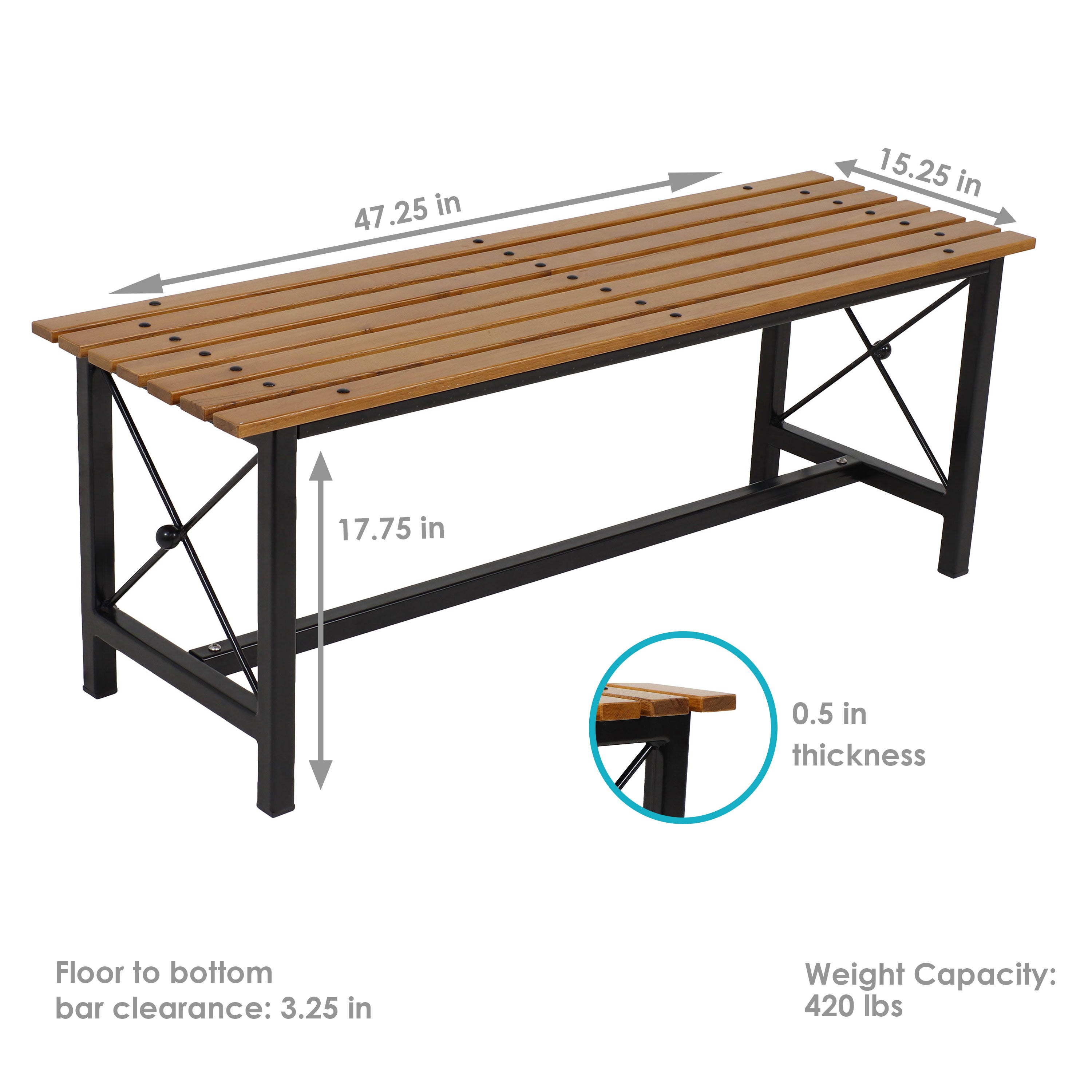 Sunnydaze European Chestnut Wooden Patio Dining Bench - 17.75 Inch Height Outdoor Garden Furniture for Backyard, Deck, or Poolside Seating