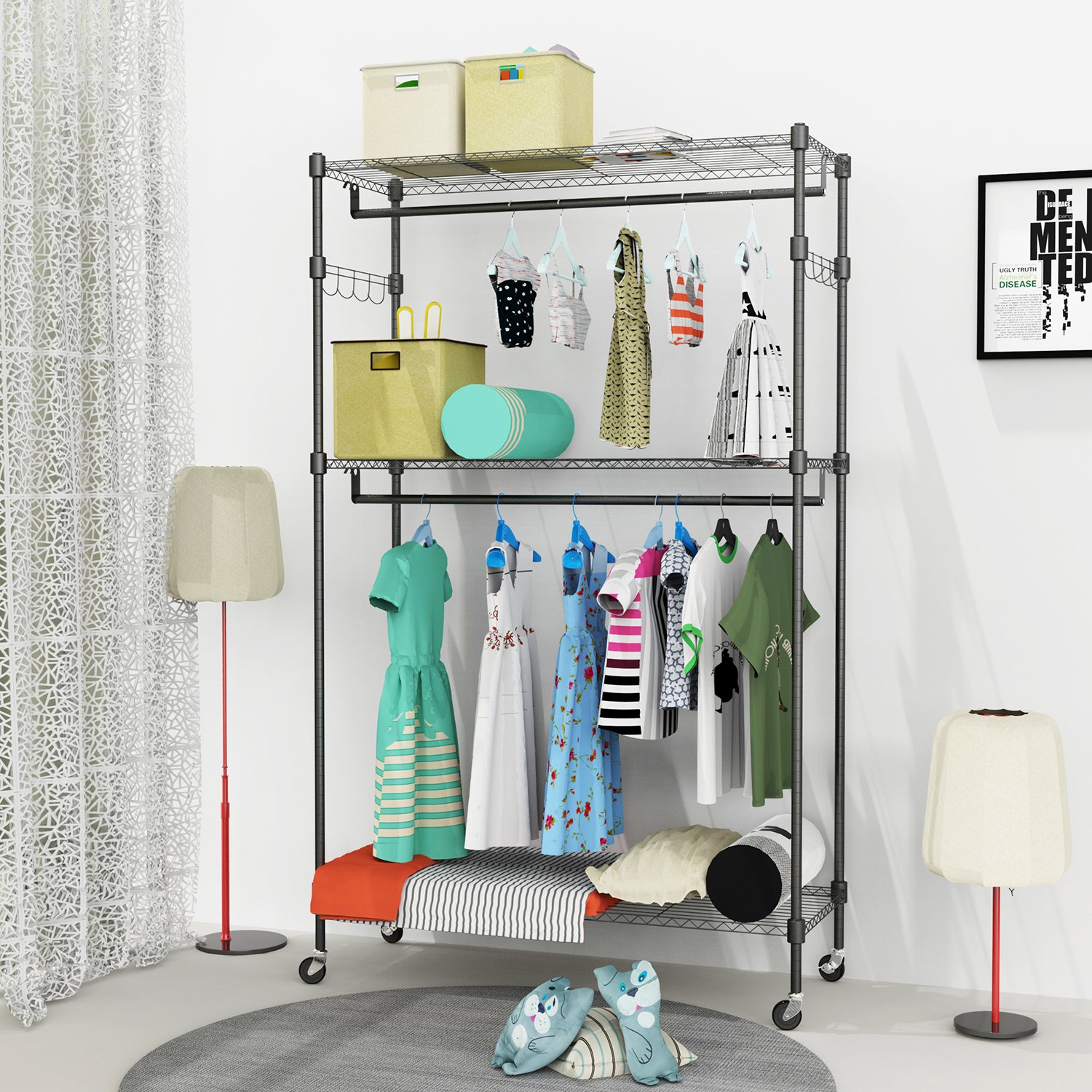 Himimi 3-Tier Heavy Duty Garment Rack - Freestanding Metal Clothes Rack with Double Rods, Wheels & Side Hooks | Portable Wire Shelving for Hanging Clothes, Jackets & Accessories | Perfect for Bedroom, Closet, Laundry Room & Small Space Organization (Grey)