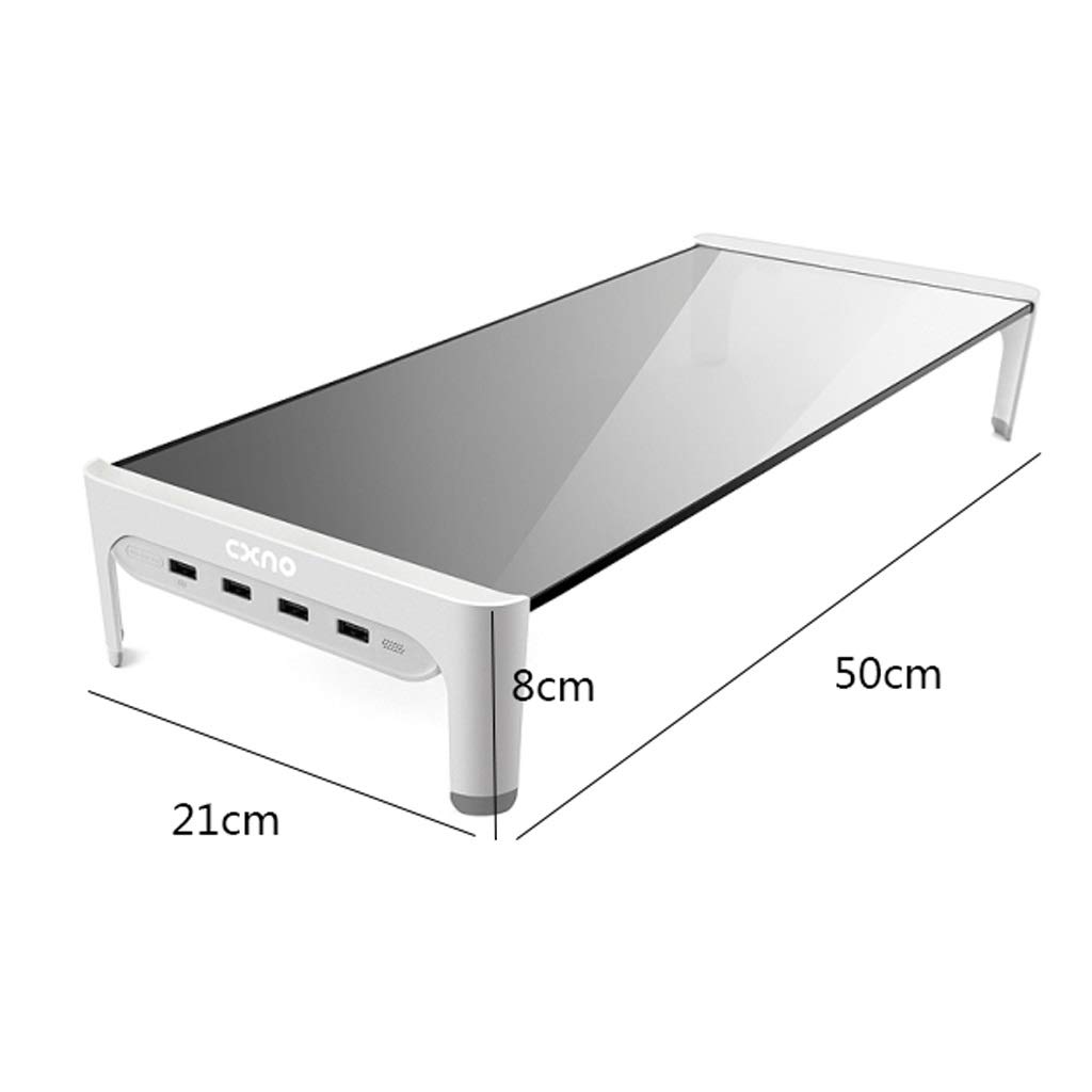 DLT Premium Tempered Glass Monitor Stand with ABS Frame - 60cm Adjustable Riser with USB 2.0 Hub (3 Ports + Fast Charging) - Includes 1.5m & 1.7m Power Cables - Black - Perfect for Home Office & Gaming Setup