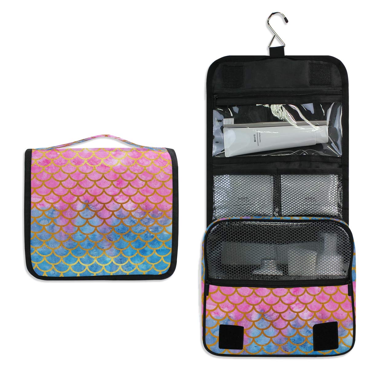 AGONA Hanging Toiletry Bag - Watercolor Mermaid Scales Design, Gold & Pink Travel Cosmetic Organizer for Women & Men | Portable Makeup Pouch with Sturdy Hook | Perfect for Bathroom, Gym, Camping & Vacation Trips