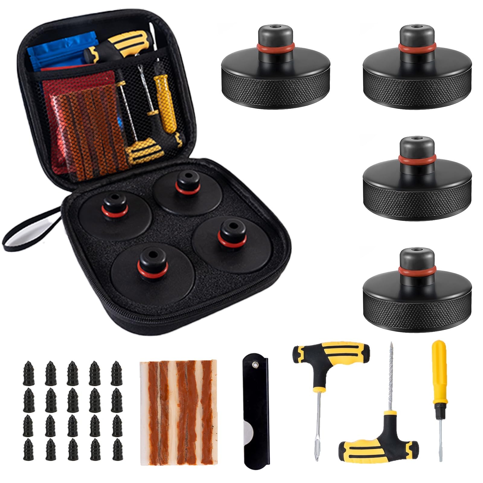 Tesla Jack Pads for Model 3/Y/S/X (2016-2025) - 4 Pack Lifting Pucks with Storage Case & Tire Repair Tools | Premium Tesla Accessories for Safe Lifting, Maintenance & DIY Repairs in Garage or Roadside Emergencies