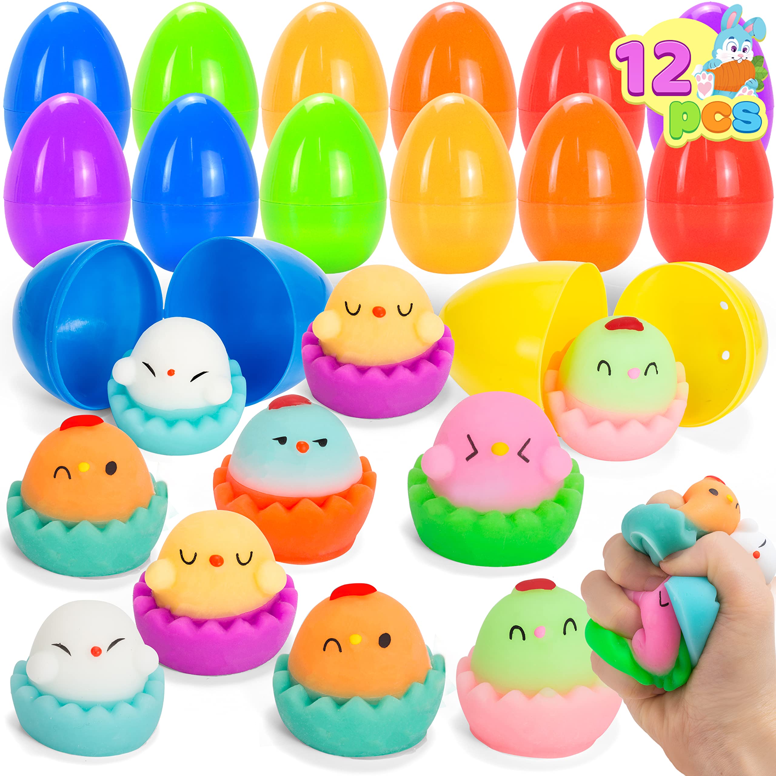 JOYIN 12 Pcs Easter Eggs with Toys - Cute Chicken Squishy Stress Relief Toys for Kids, Easter Egg Hunt, Party Favors, Classroom Prizes & Easter Basket Stuffers - Perfect for Easter Celebrations, School Activities and Holiday Gift Giving