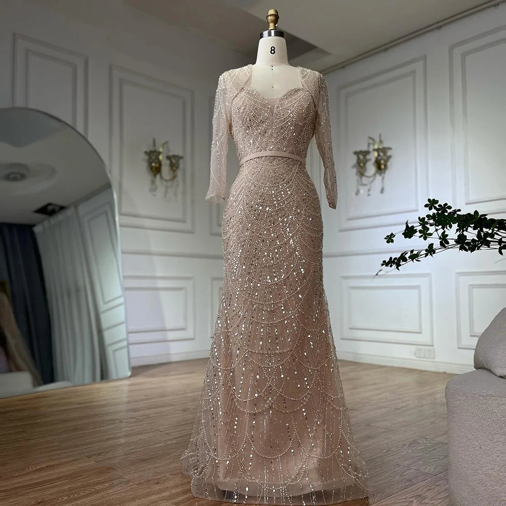 Elegant Dubai Beaded Nude Spaghetti Strap Mermaid Gown with Detachable Long Sleeve Jacket - Formal Evening Dress for Prom, Wedding & Gala Events LA72160C