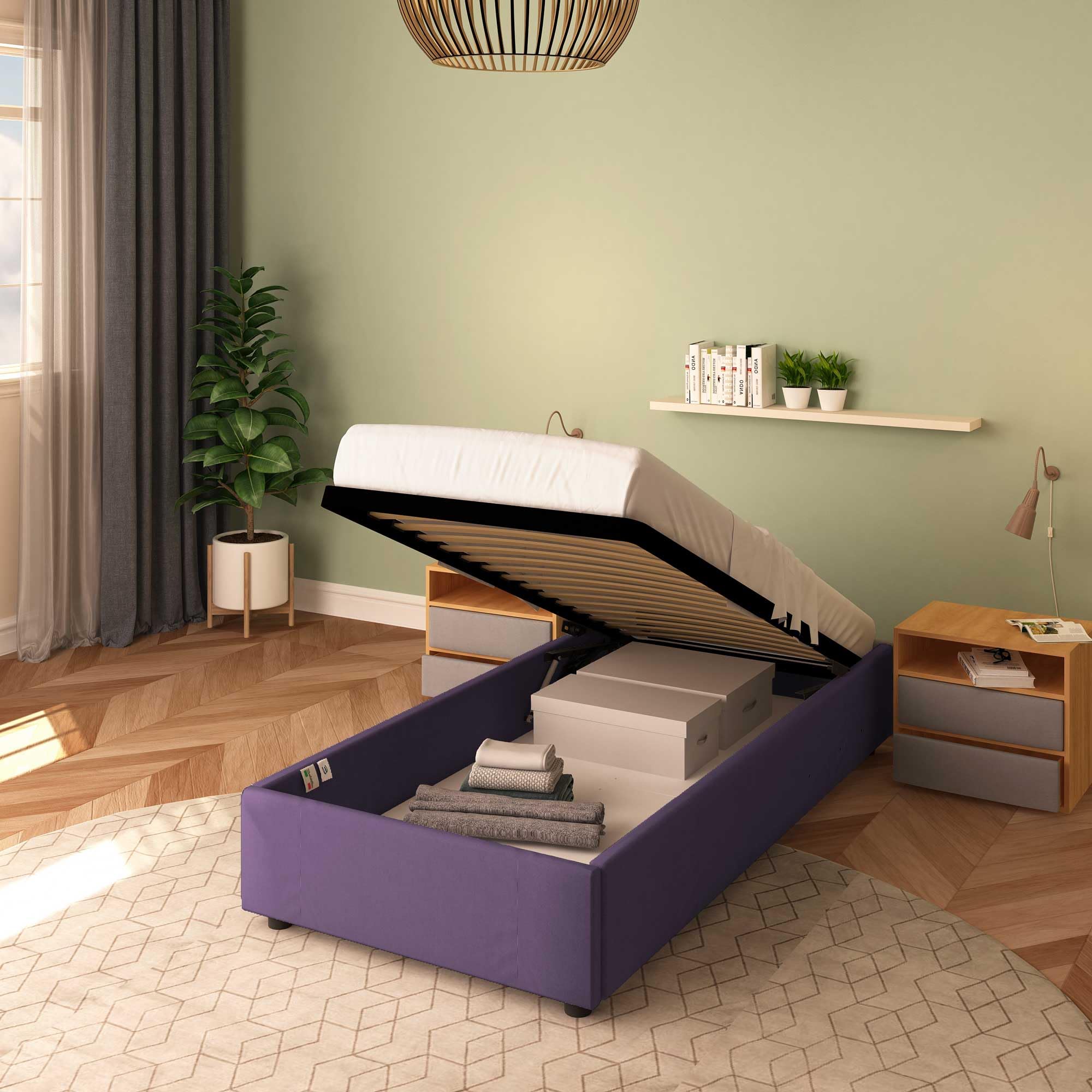 Baldiflex Cloe Square and Half Bed with Fabric Storage, No Headboard, Slatted Base for Mattresses, 100 x 200 cm, Purple - Perfect for Small Bedrooms, Guest Rooms, and Studio Apartments