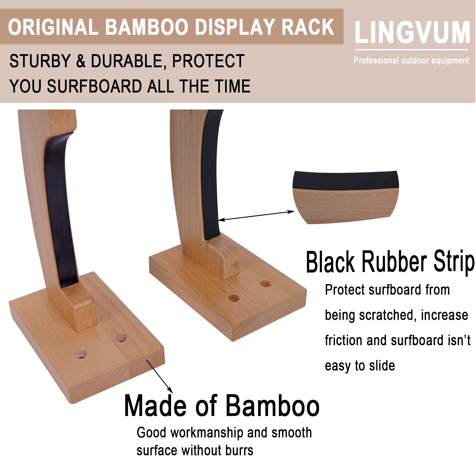 Premium Surfboard Wall Mount Racks - Heavy Duty Bamboo Surf Board Hangers for Longboards, Shortboards, Skateboards, Snowboards & Ski Boards | Indoor & Outdoor Use | Perfect for Garage, Beach House & Sports Equipment Storage