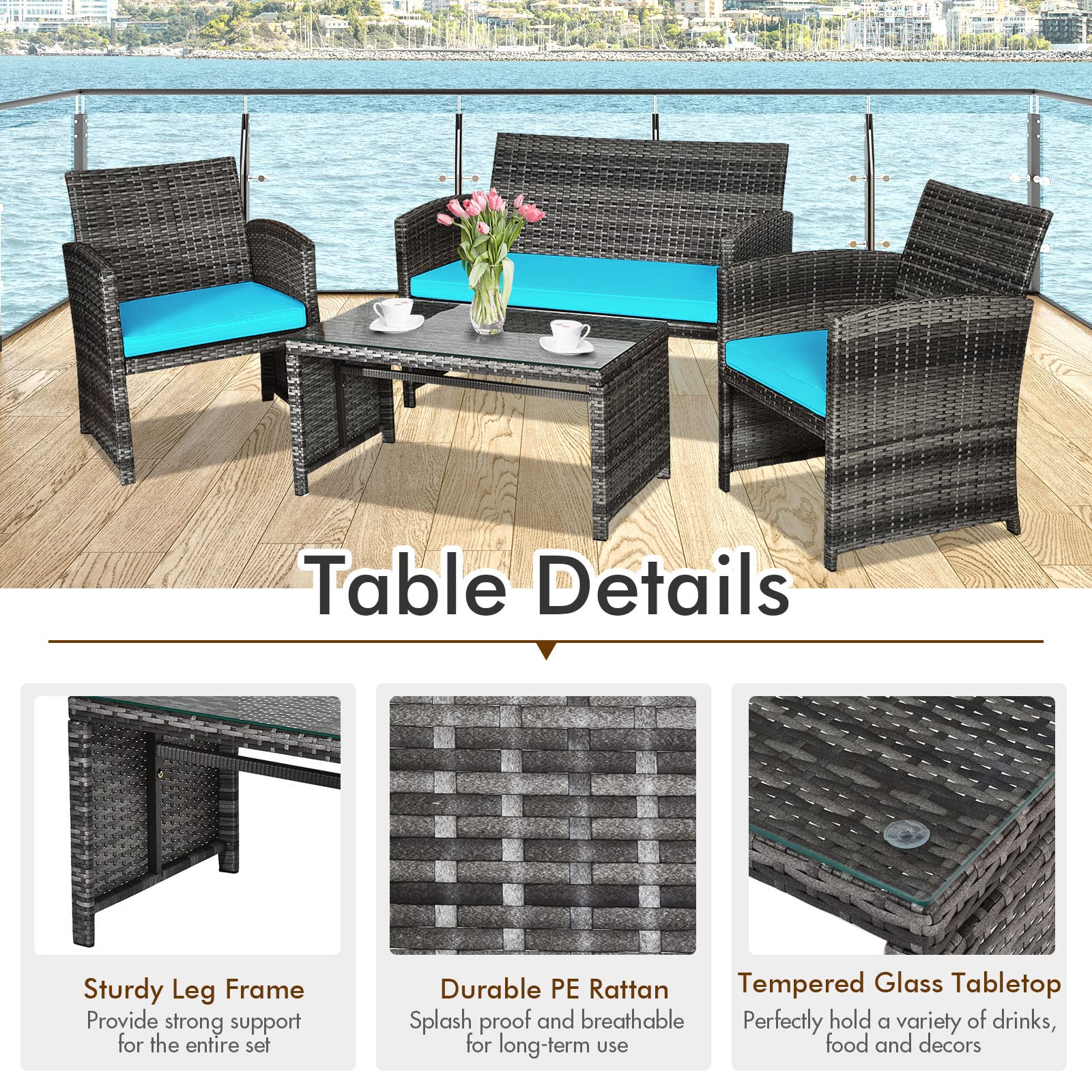 Goplus 4-Piece Rattan Patio Furniture Set, Outdoor Wicker Conversation Sofa with Weather-Resistant Cushions & Tempered Glass Tabletop - Perfect for Lawn, Backyard, Poolside, Garden, and Patio (Turquoise)