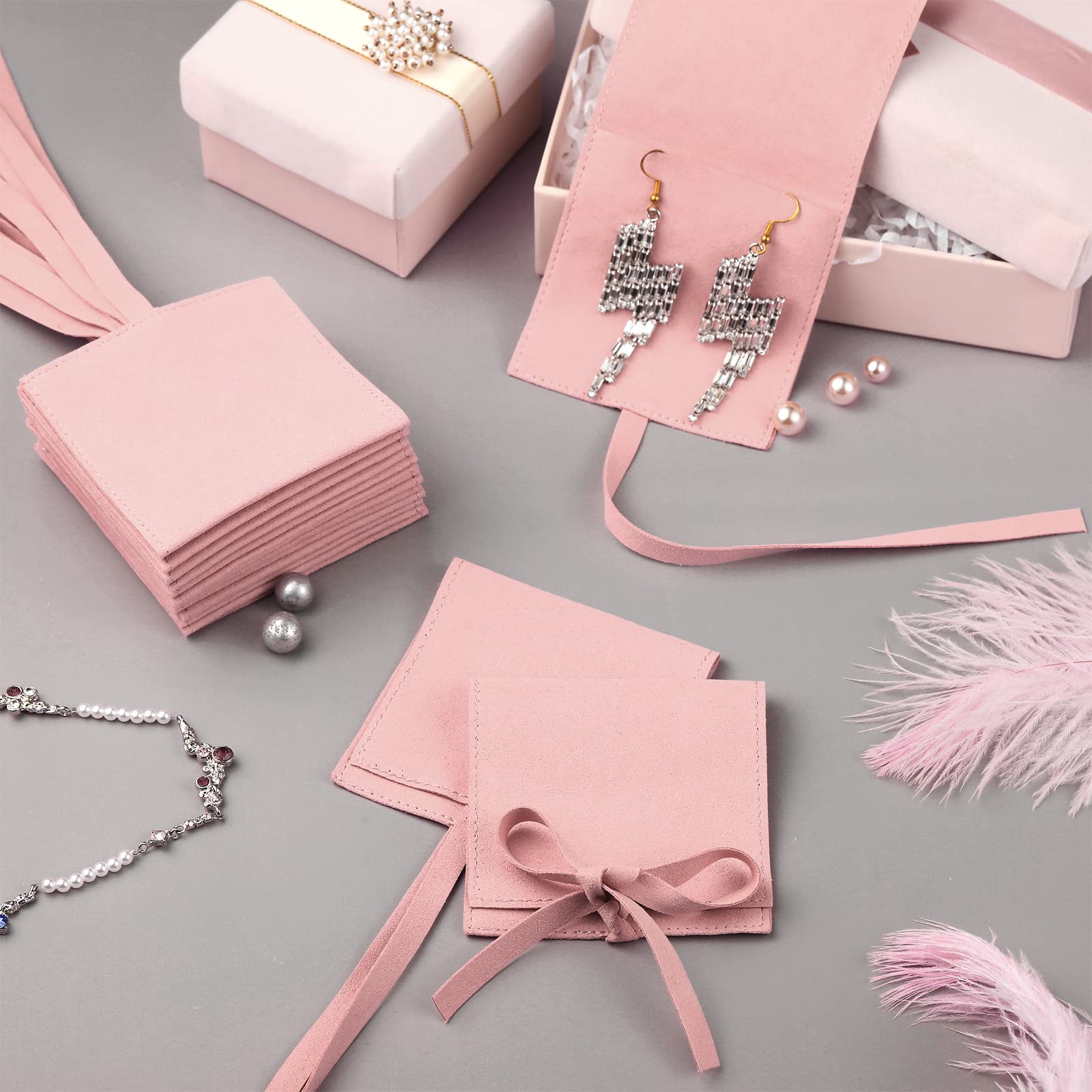 40 Pcs 8x8cm Microfiber Jewelry Pouches with Bow Tie - Soft Pink Luxury Gift Bags for Rings, Necklaces & Earrings - Perfect for Wedding Favors, Bridesmaid Gifts & Jewelry Storage