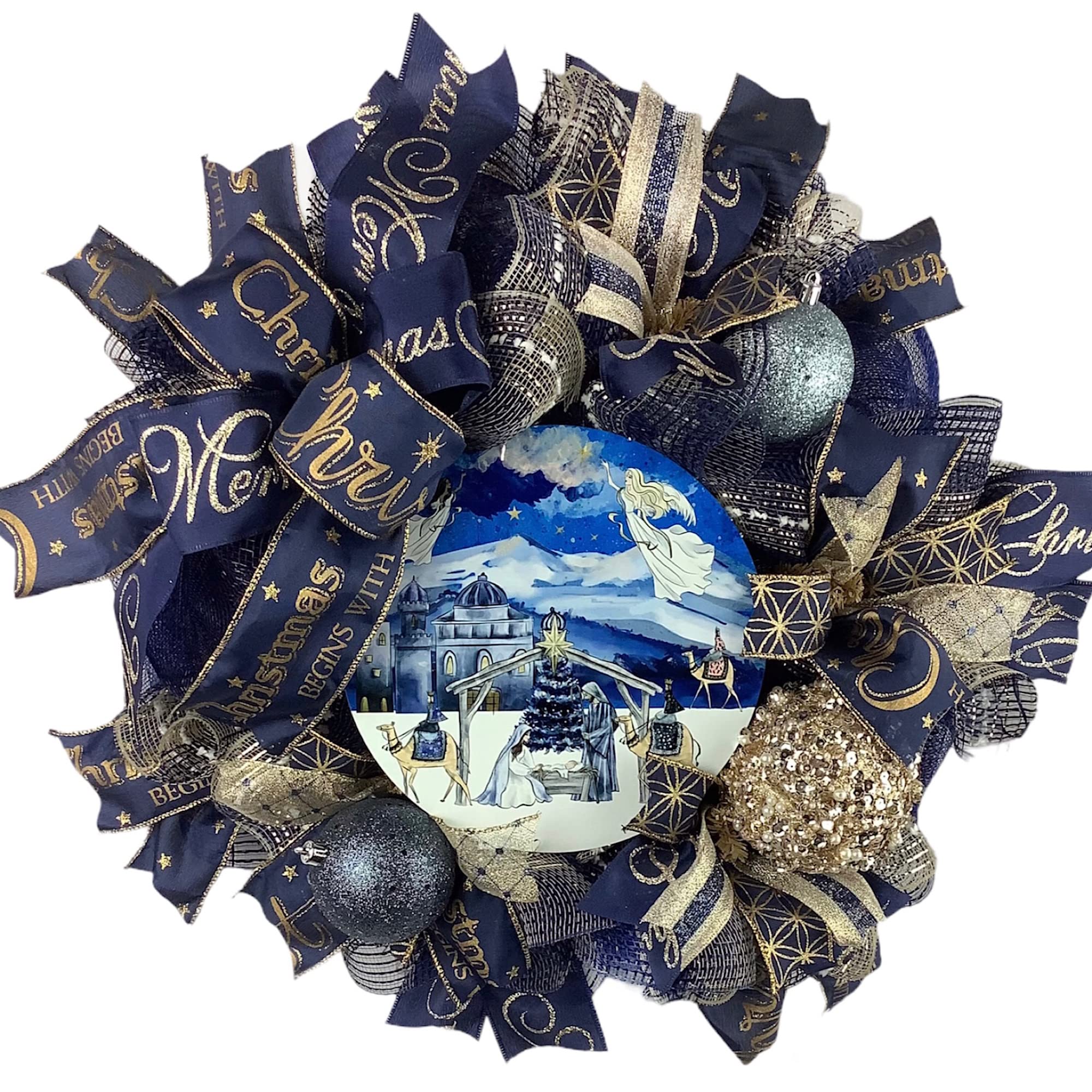 Nativity Christmas Wreath with Baby Jesus in Manger - Elegant Navy Blue & Gold Ball Ornaments and Bow - Perfect for Front Door Decor, Holiday Mantel, and Church Christmas Displays