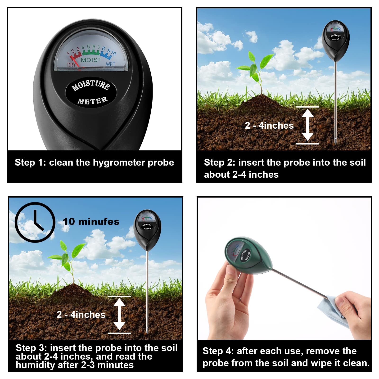2 Packs Soil Moisture Meter - Plant Water Tester for Indoor & Outdoor House Plants, Garden, Lawn, Farm - No Battery Required Soil Test Kit (Black & Green) - Perfect for Gardening, Houseplant Care, and Agriculture Monitoring