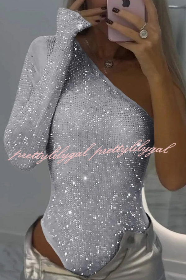 Elegant Solid Color Sequined One Shoulder Slim Fit Romper for Women - Perfect for Parties, Night Out, and Special Occasions