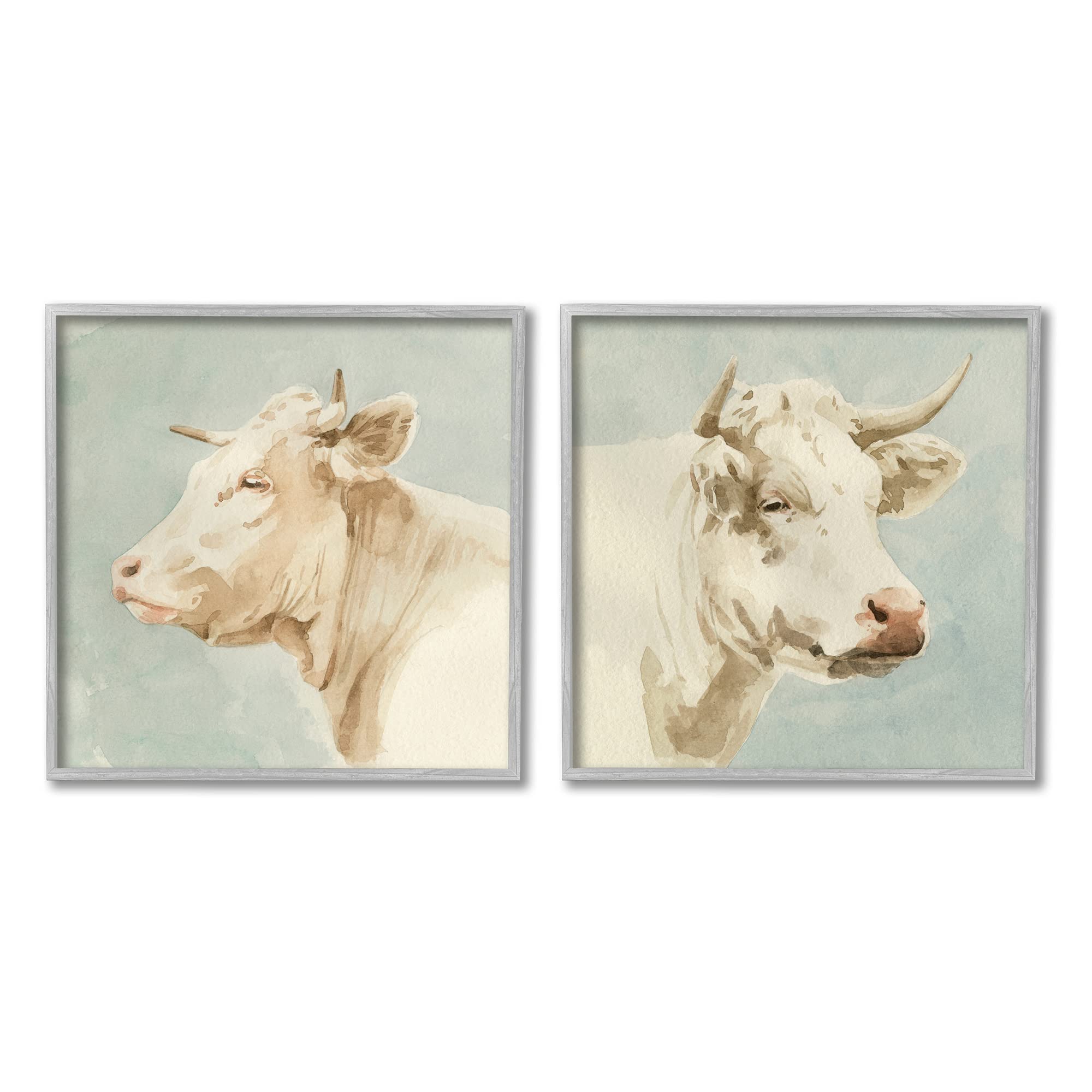 Vintage Farm Cattle Cows Watercolor Portrait Wall Art - Beige & Blue Framed Painting Set of 2 (12x12 Inches) by Emma Caroline Gray | Rustic Home Decor, Country Kitchen, Farmhouse Living Room