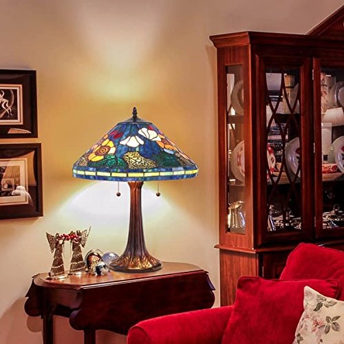 Serena D'italia Tiffany Stained Glass Water Lily Table Lamp Set - Handcrafted Italian Art Nouveau Style Lamp for Living Room, Bedroom & Office Decor