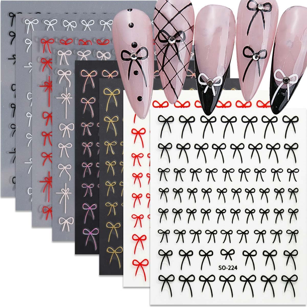 8 Sheets 3D Self-Adhesive Bow Nail Stickers - Black, White, Red & Gold Aurora Designs for Nail Art | Manicure Decorations for Women & Girls | Perfect for Parties, Weddings, Holidays and Everyday Nail Designs