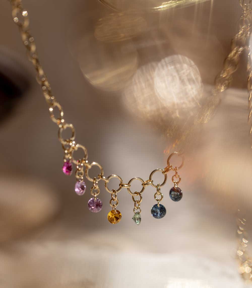 Candy Crush Dangling Rainbow Sapphire Dainty Gold Everyday Necklace for Women | Elegant Layering Jewelry Gift for Birthday, Anniversary & Valentine's Day