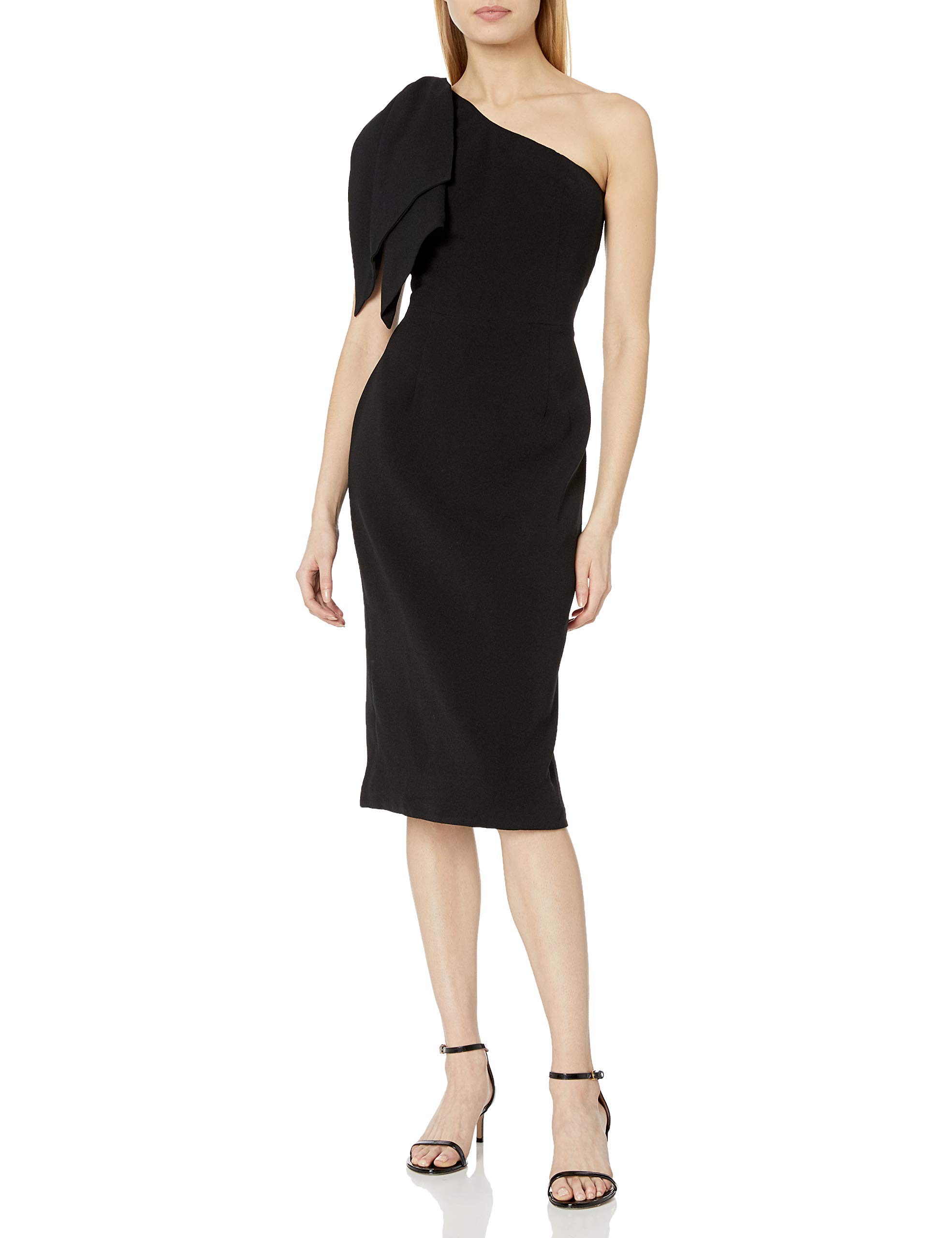 Dress the Population Women's Tiffany Asymmetrical Bow Neckline Bodycon Midi Dress - Elegant Cocktail Party & Date Night Outfit for Women