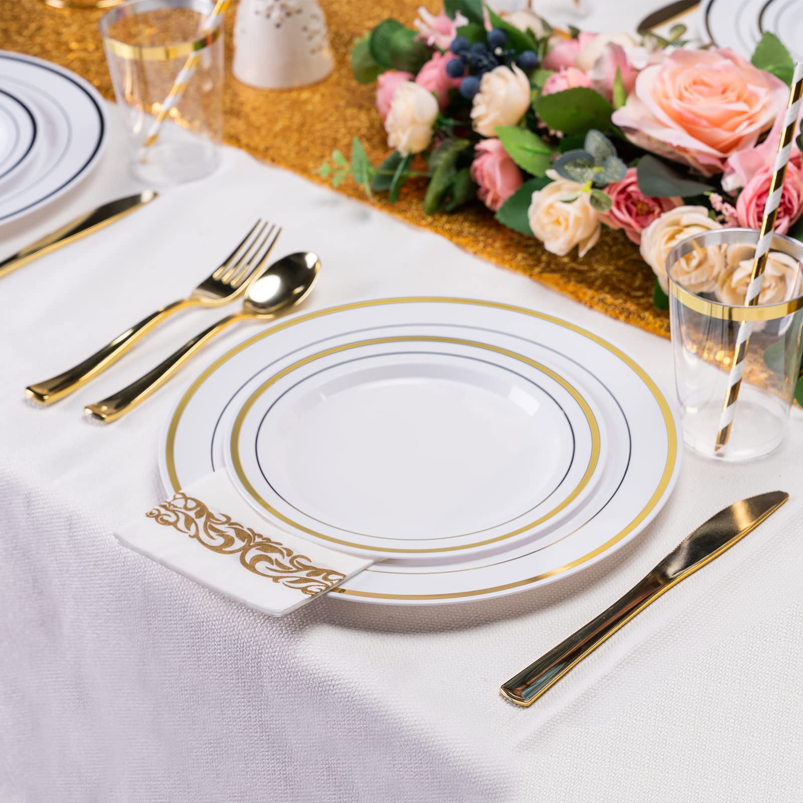 200-Piece Gold Dinnerware Set for 25 Guests - Heavy Duty Gold Rimmed White Plastic Disposable Plates, Cups, Silverware, Napkins & Straws - Elegant Wedding, Party & Event Tableware for Celebrations