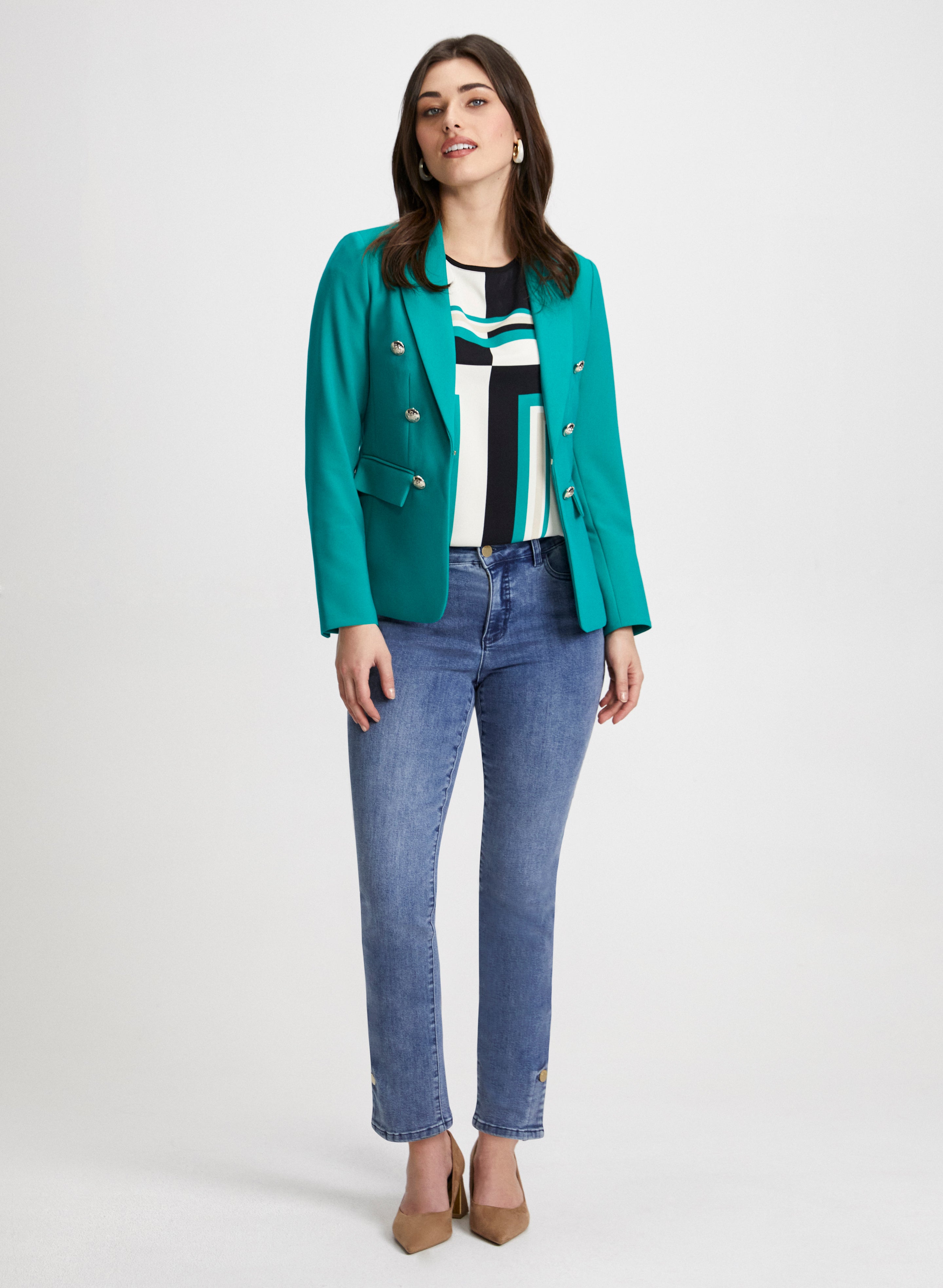 Stylish Button Detail Blazer & Button Hem Jeans for Women - Office Wear & Casual Outfits | Perfect for Work, Dates & Everyday Fashion