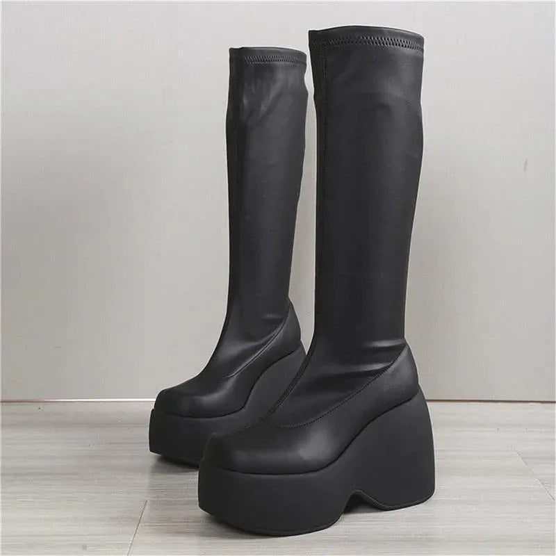 Women's Knee High Platform Wedge Boots - Chunky Heel Ankle Booties for Fall & Winter | Fashionable Comfort Shoes for Casual Outfits, Date Night & Office Wear
