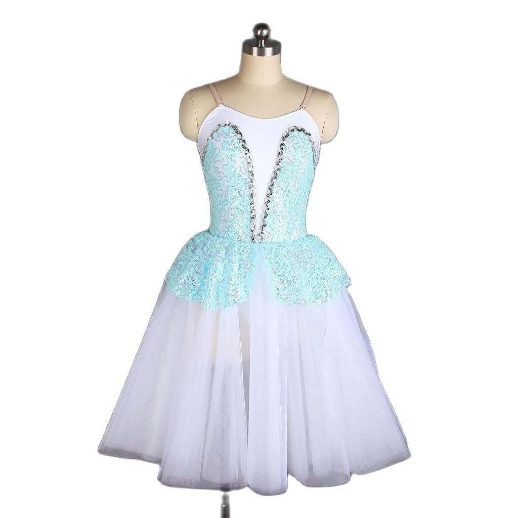 Sky Blue Sequin White Spandex Ballet Dance Dress for Women - Elegant Stage Performance Long Dress (Color: Sky Blue, Size: SA) - Perfect for Ballet Recitals, Competitions & Theatrical Performances
