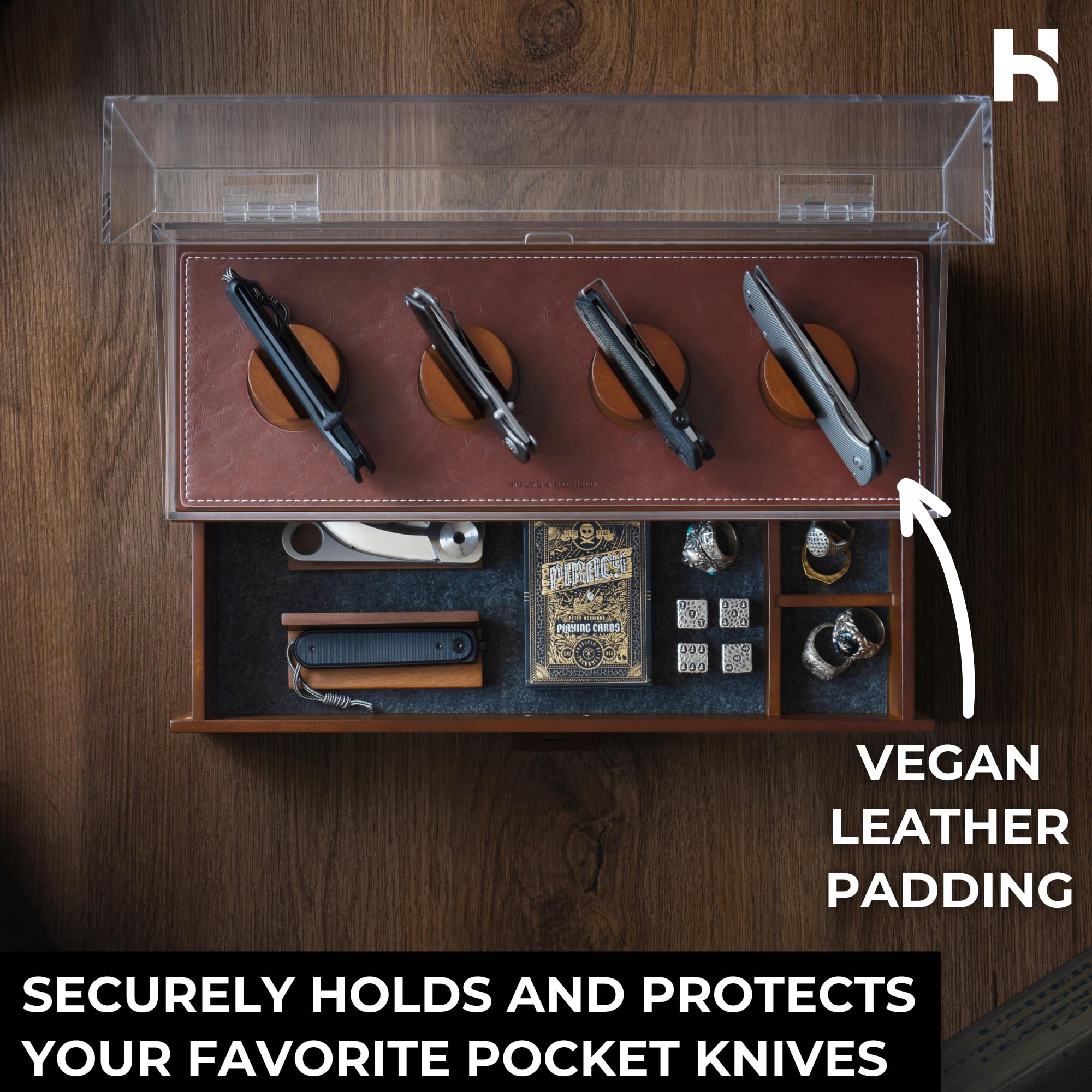 Holme & Hadfield Luxury Wooden Knife Display Case - Holds 6-10 Pocket Knives - Premium Knife Organizer with Drawer for Collectors - Perfect for Home, Office, or Gift Giving