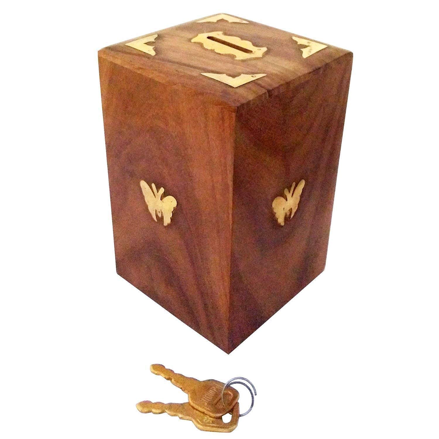 Valentine's Day Special Handmade Wooden Money Bank with 2 Keys - Square Safe Box Piggy Bank for Kids & Teens - Butterfly Inlay Coin Storage Box | Birthday Gift Idea for Children, Home Decor & Savings Organizer