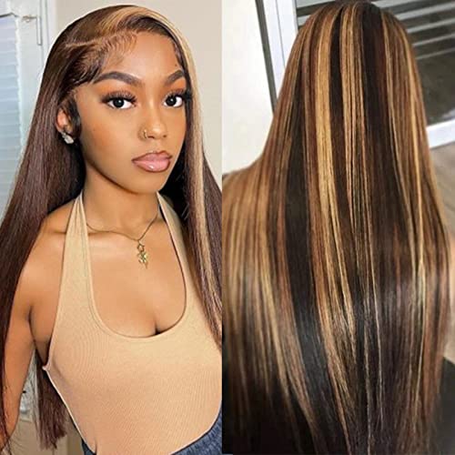 ISEE Hair 10A Transparent Lace Front Wig - 100% Human Hair Honey Blonde & Brown Straight 13x4 Pre-Plucked Lace Frontal Wig - 180% Density (22 Inch) - Perfect for Daily Wear, Cosplay & Special Occasions