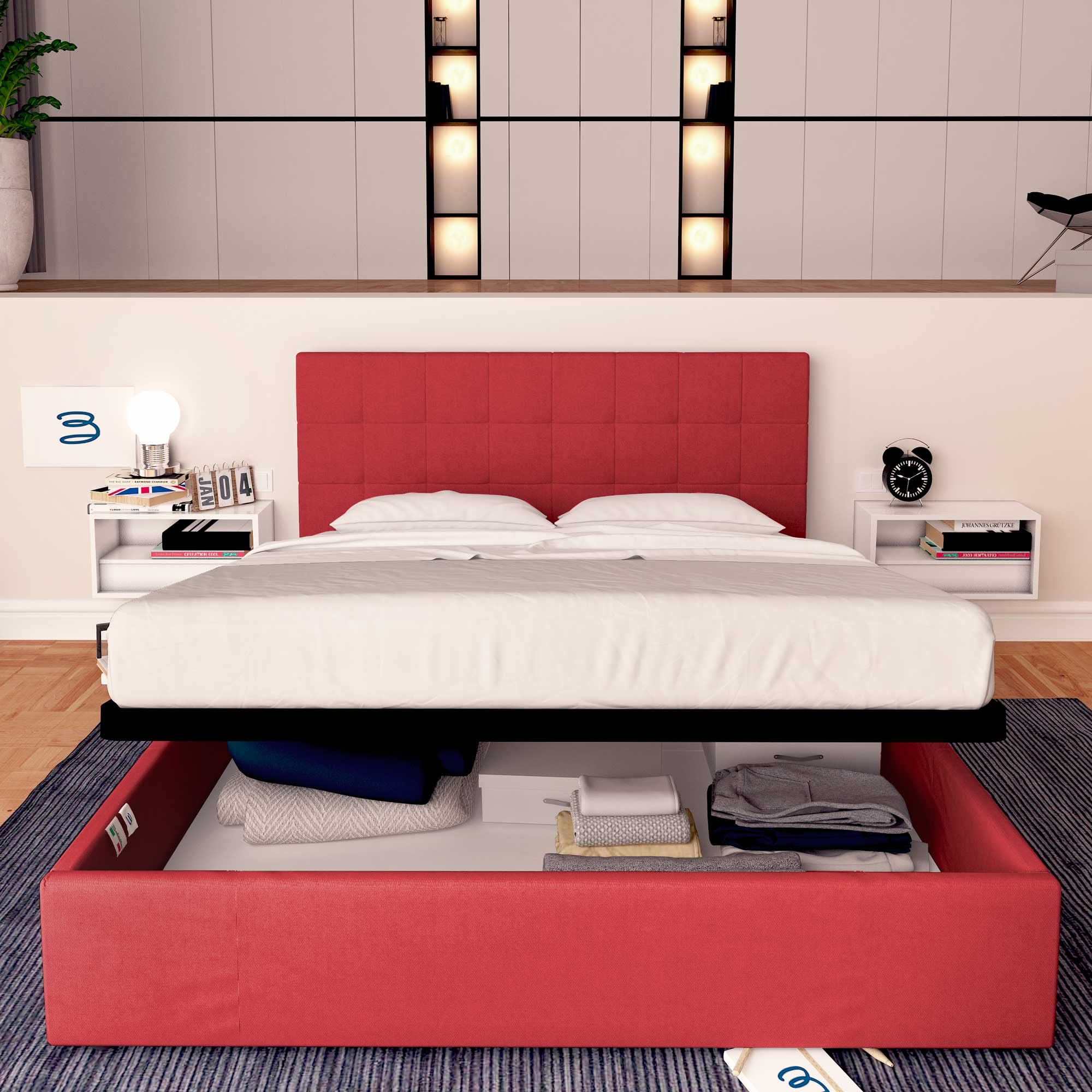 Baldiflex Square and Half Bed with Dublin Fabric Storage Model, Slatted Bed Base, for Single Mattresses 120 x 200 cm, Elegant Headboard, Red - Perfect for Small Bedrooms, Guest Rooms & Modern Apartments