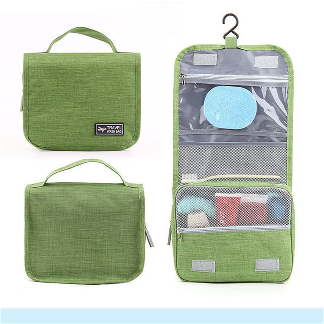 Waterproof Travel Makeup Bag with Hook & Handle - Cosmetic Organizer for Toiletries, Makeup Brushes, Jewelry & Digital Accessories | Perfect for Travel, Gym & Daily Use (Green)