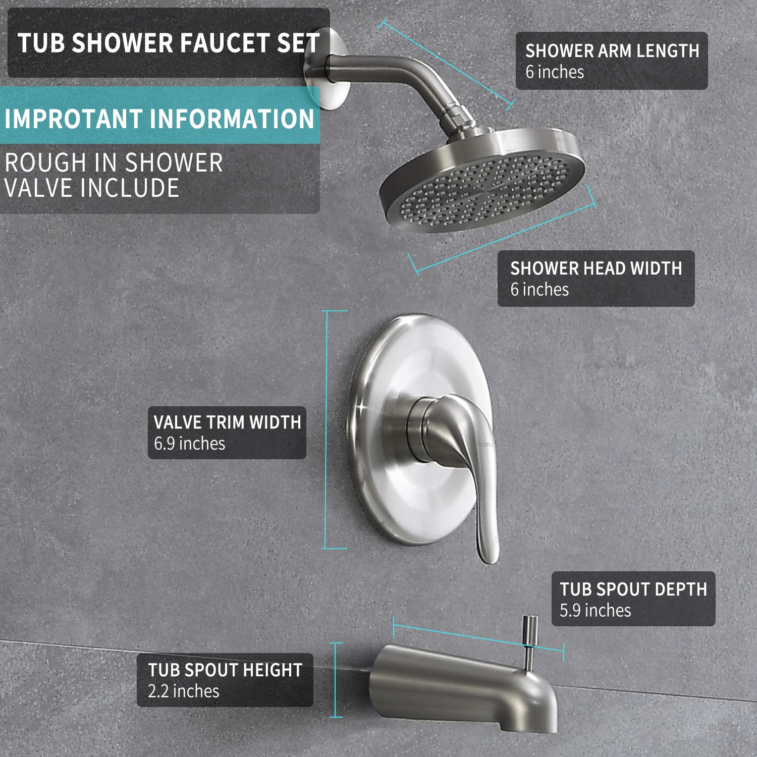 Gabrylly Single-Function Tub and Shower Faucet Set - 6 Inch Rain Shower Head with Pressure Balance Valve, Diverter & Trim Kit in Brushed Nickel Finish - Perfect for Bathroom Renovation and Spa-Like Shower Experience