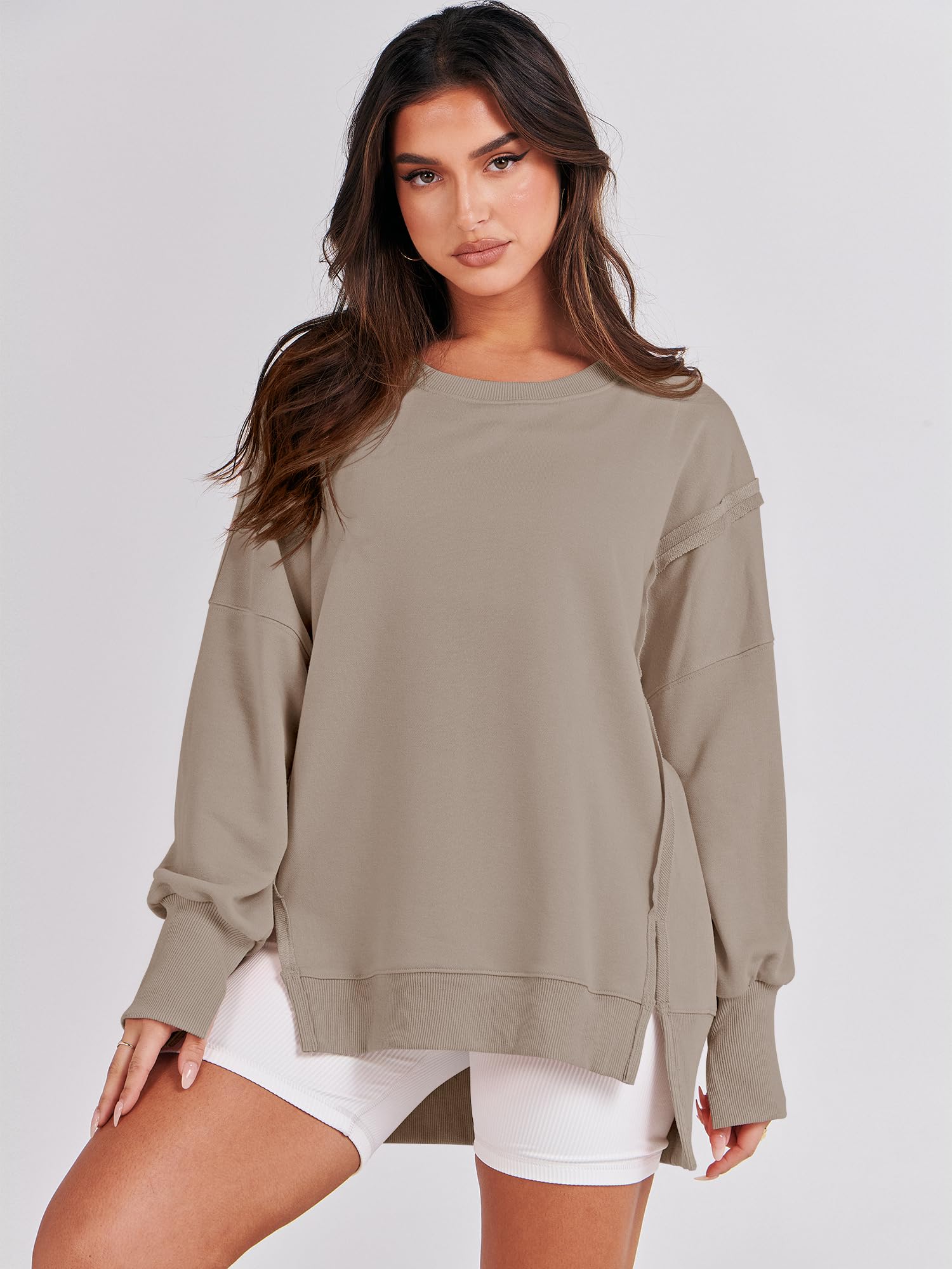 ANRABESS Women's Oversized Sweatshirt - Crew Neck Long Sleeve Casual Loose Fit Slit Tunic Top for Fall 2025 | Cozy Lounge Wear, Street Style Fashion, Layering Essential