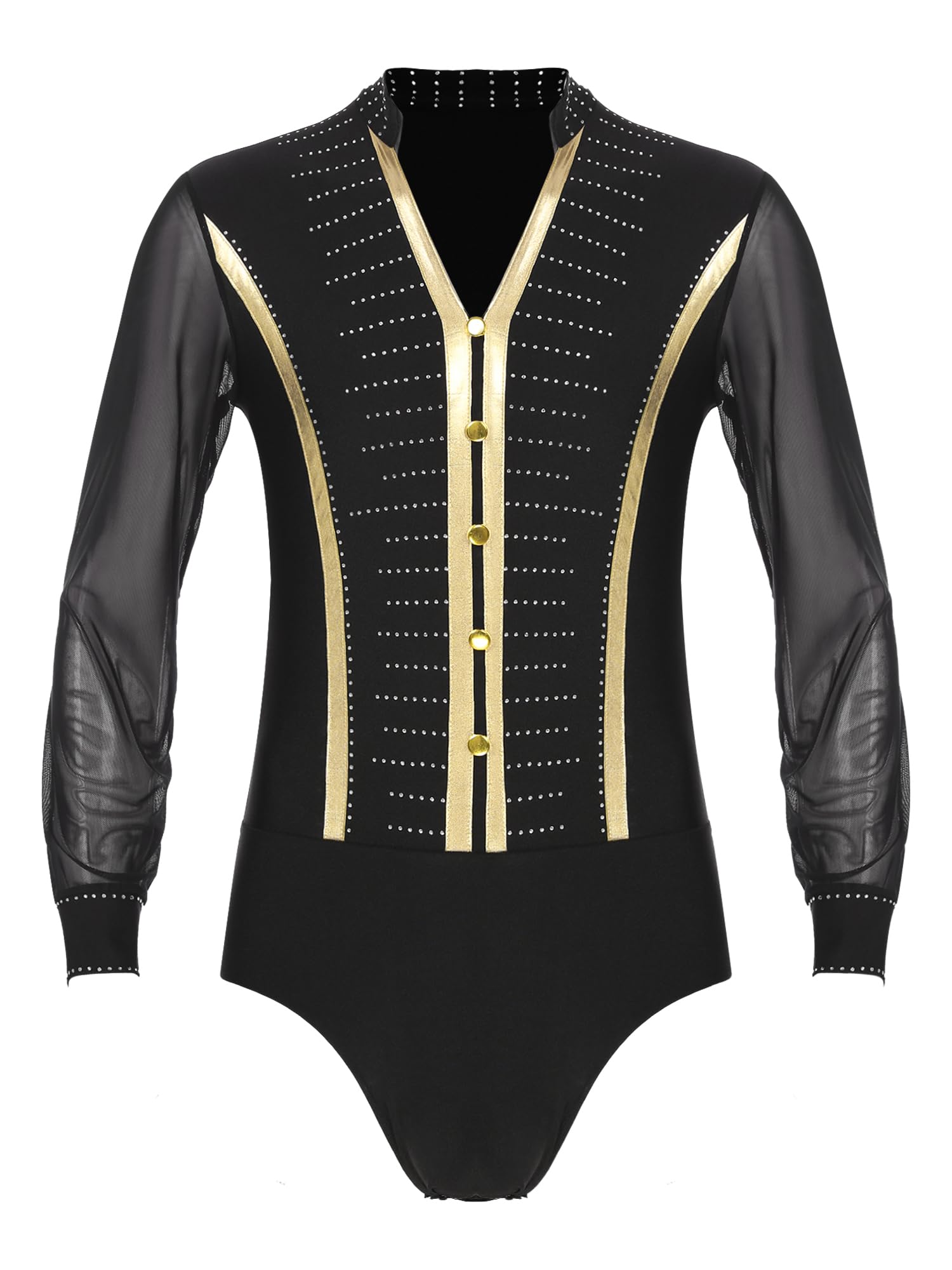 Men's Latin Ballroom Dance Shirts - V Neck Long Sleeve Tango Rumba Samba Performance Top for Professional & Social Dancing (Stage, Competition, Practice)
