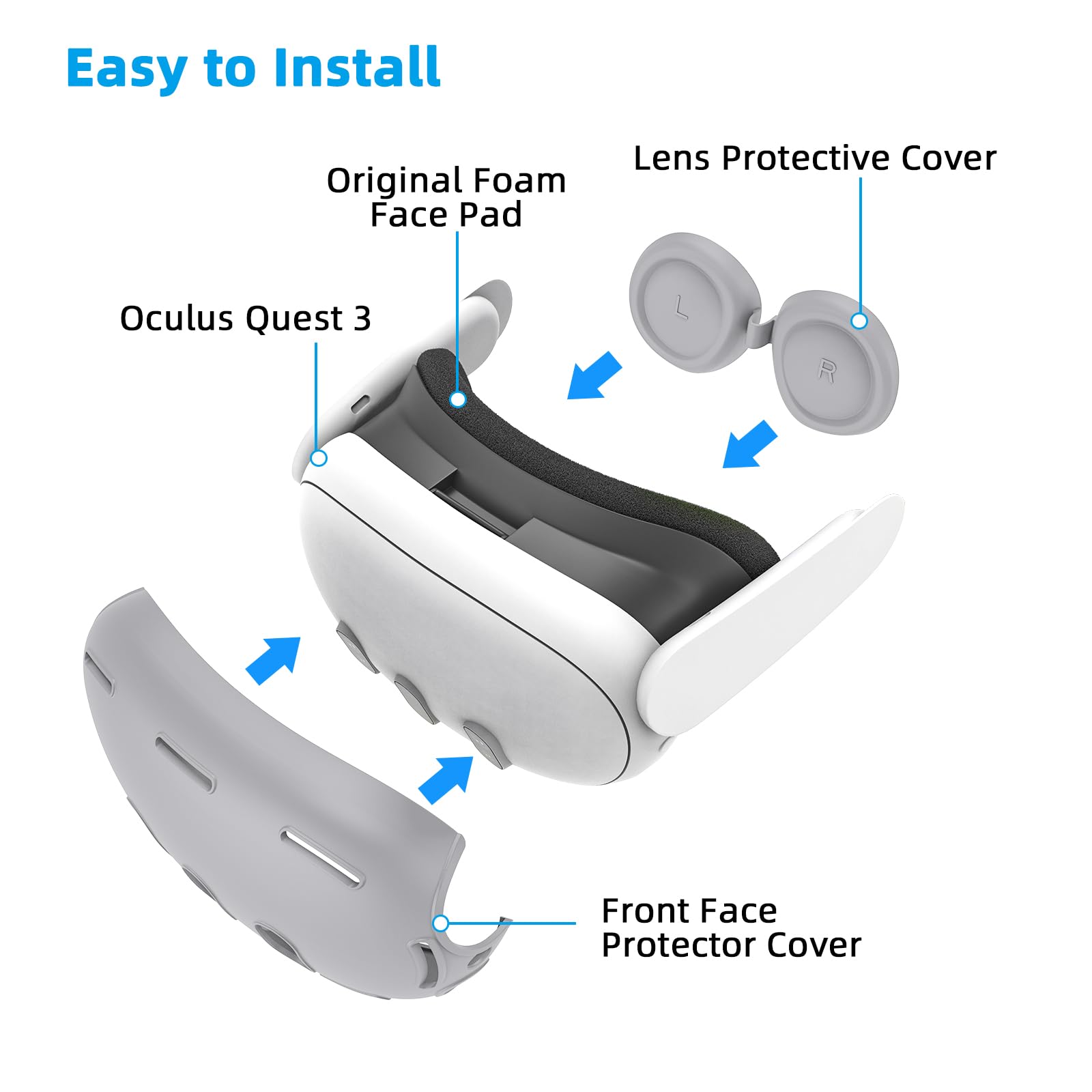 Relohas Deluxe VR Accessories Set for Meta Quest 3 & Oculus Quest 3 - 2-in-1 Protective Silicone Case with Upgraded Lens Protector & No Signal Disturbance VR Shell Cover (Grey) - Perfect for Gaming, VR Training & Entertainment