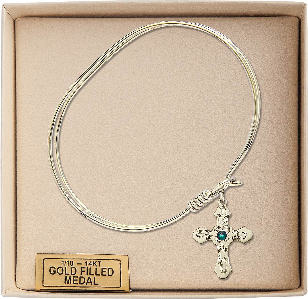 7 Inch Oval Eye Hook Bangle Bracelet with Cross Medal Charm & May Green Crystal - Elegant Jewelry for Women, Perfect for Parties, Weddings & Everyday Wear