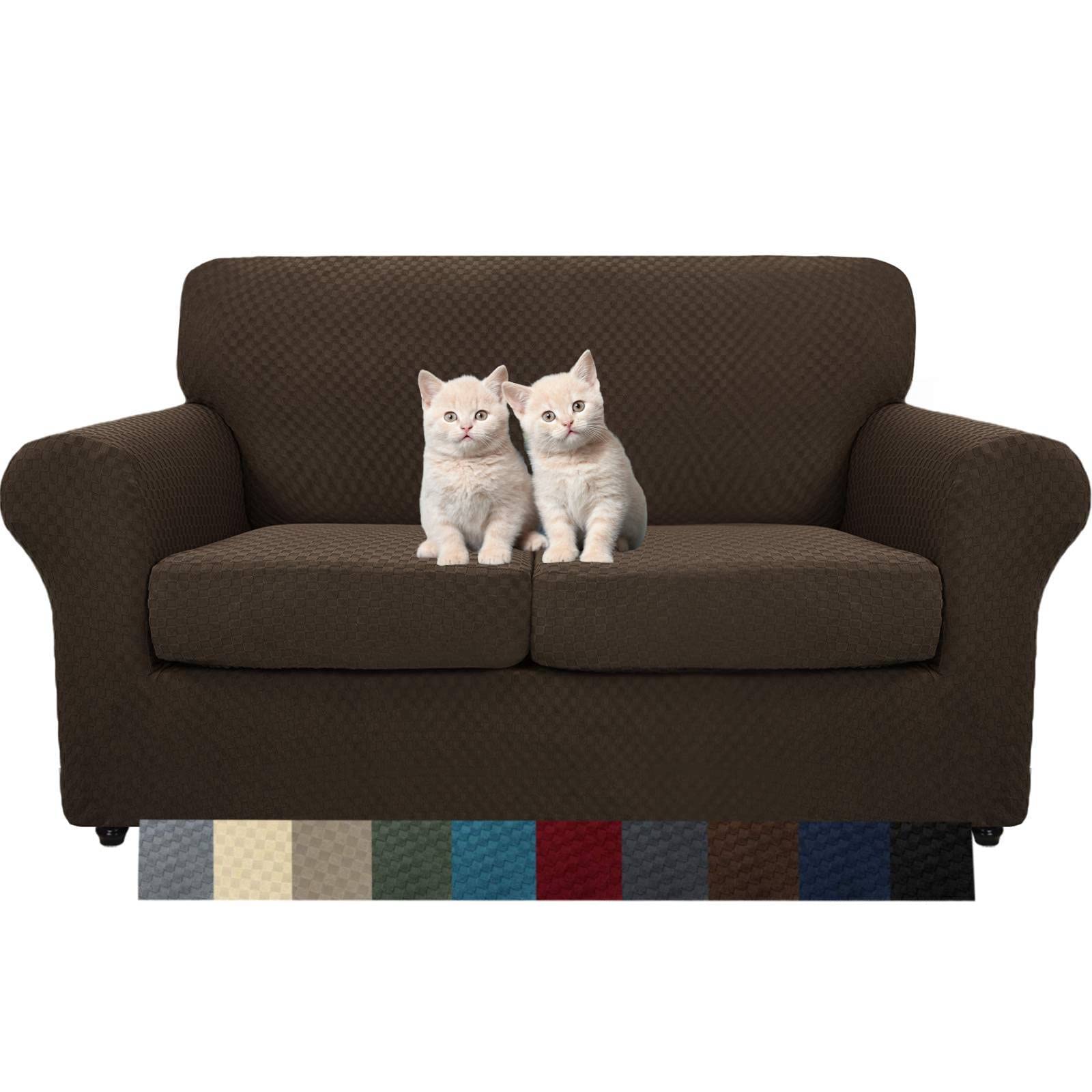 MAXIJIN 3-Piece Jacquard Stretch Sofa Cover - Non-Slip Pet-Friendly Furniture Protector for 2-Cushion Loveseat (Dark Coffee) | Perfect for Living Room, Apartment & Pet Owners