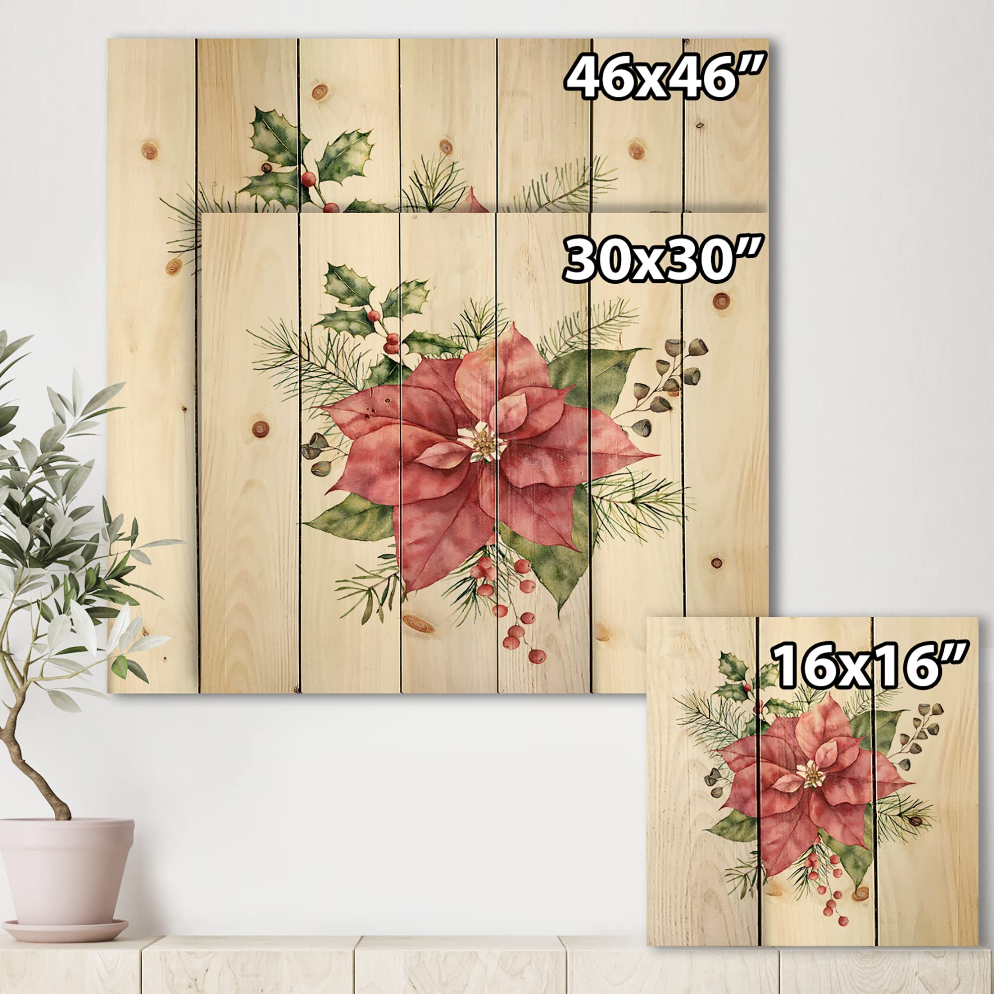 Holly Mistletoe Christmas Wood Wall Decor - Red Floral Pine Art for Holiday Home Decor