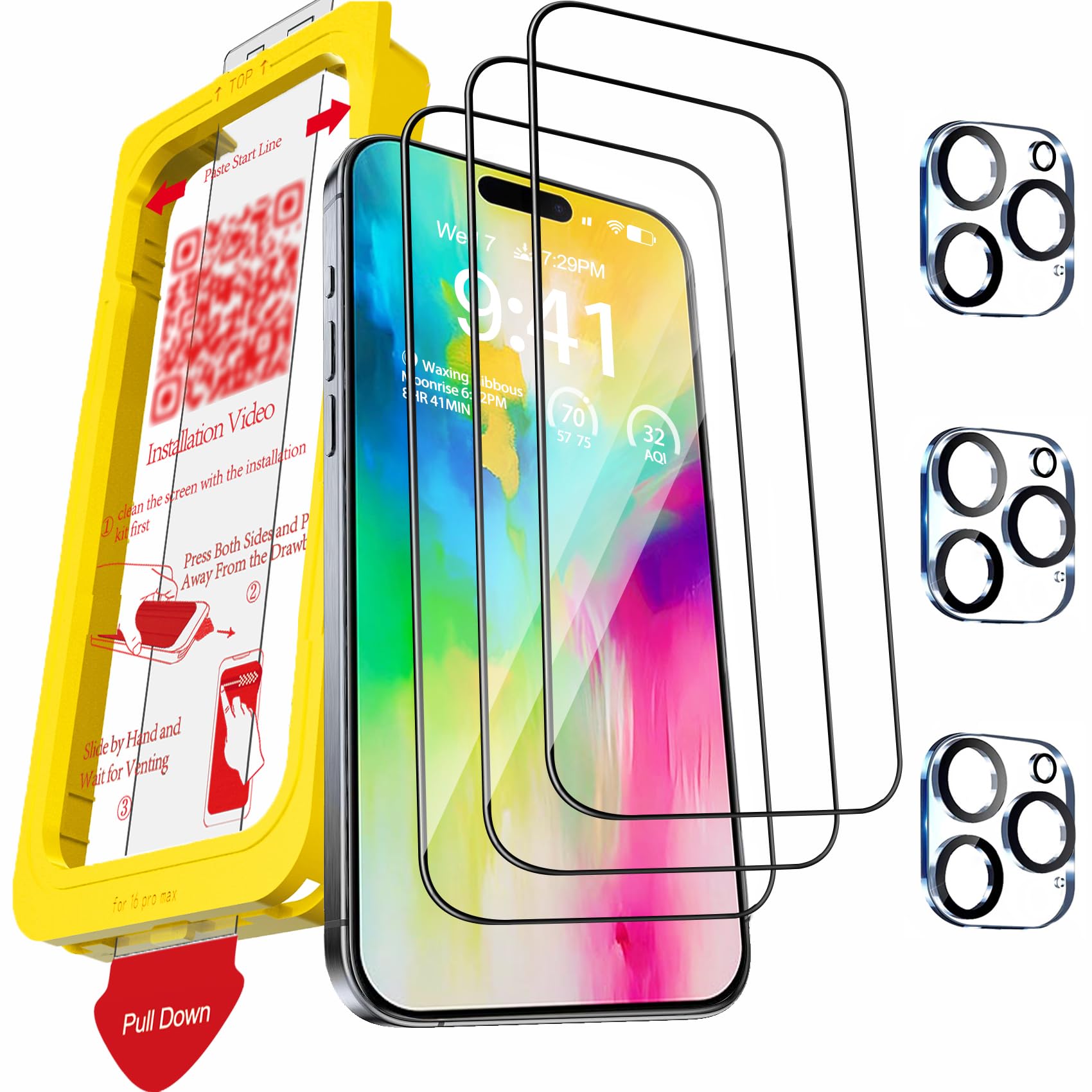 3 Pack Tempered Glass Screen Protector + 3 Pack Camera Lens Protector for iPhone 16 Pro Max - 9H Hardness, Anti-Scratch, Bubble-Free Installation - Perfect for Daily Use, Travel & Outdoor Activities