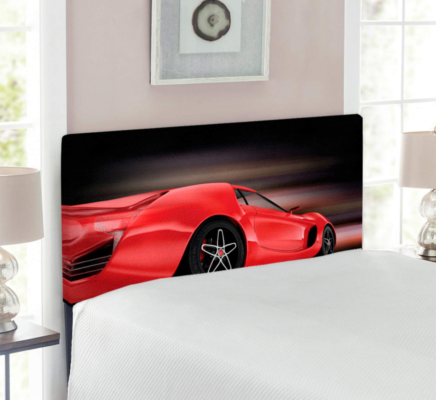 Ambesonne Futuristic Sports Car Headboard - Twin Size Upholstered Metal Bed Headboard with Memory Foam, Red & Black Design | Perfect for Boys' Bedroom, Racing Theme Decor & Modern Home Interiors