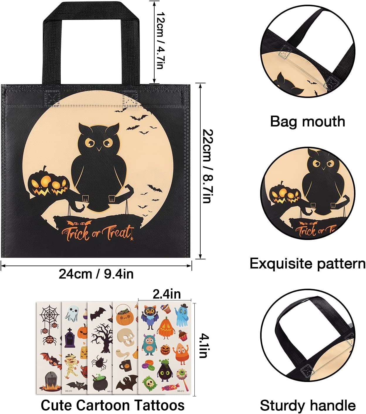 30 Pack Halloween Treat Bags - Reusable Non-Woven Tote Gift Bags for Kids Trick or Treat with 54 pcs Temporary Tattoos | Halloween Party Favors, Candy Bags & Goodie Bags (6 Fun Patterns) - Perfect for Classroom Treats, Neighborhood Trick-or-Treating & Halloween Party Supplies