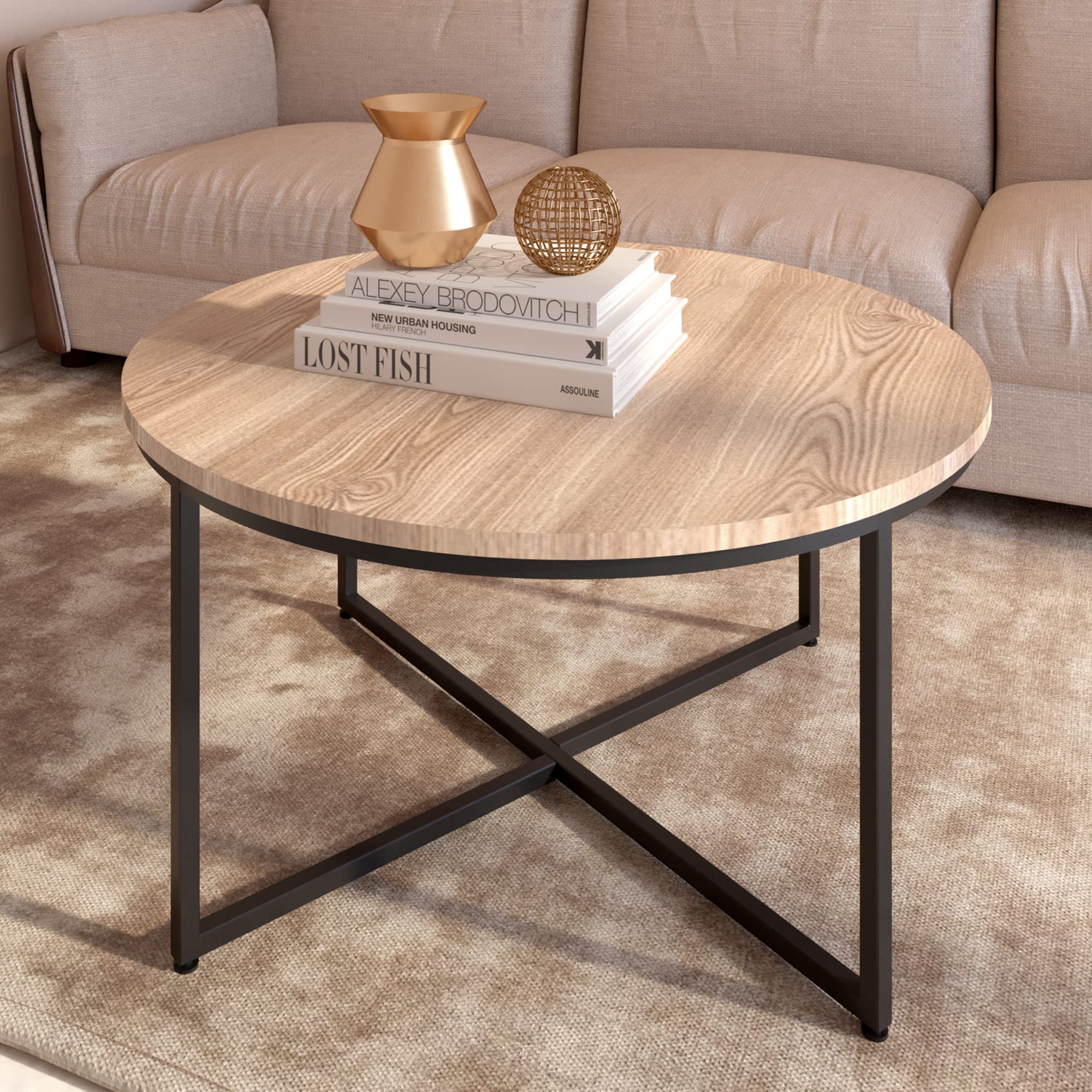 Rustic Round Coffee Table with Wood Top & Metal Frame - Antique Brown Finish for Living Room, Balcony, Home Office - Perfect for Coffee, Books & Decor