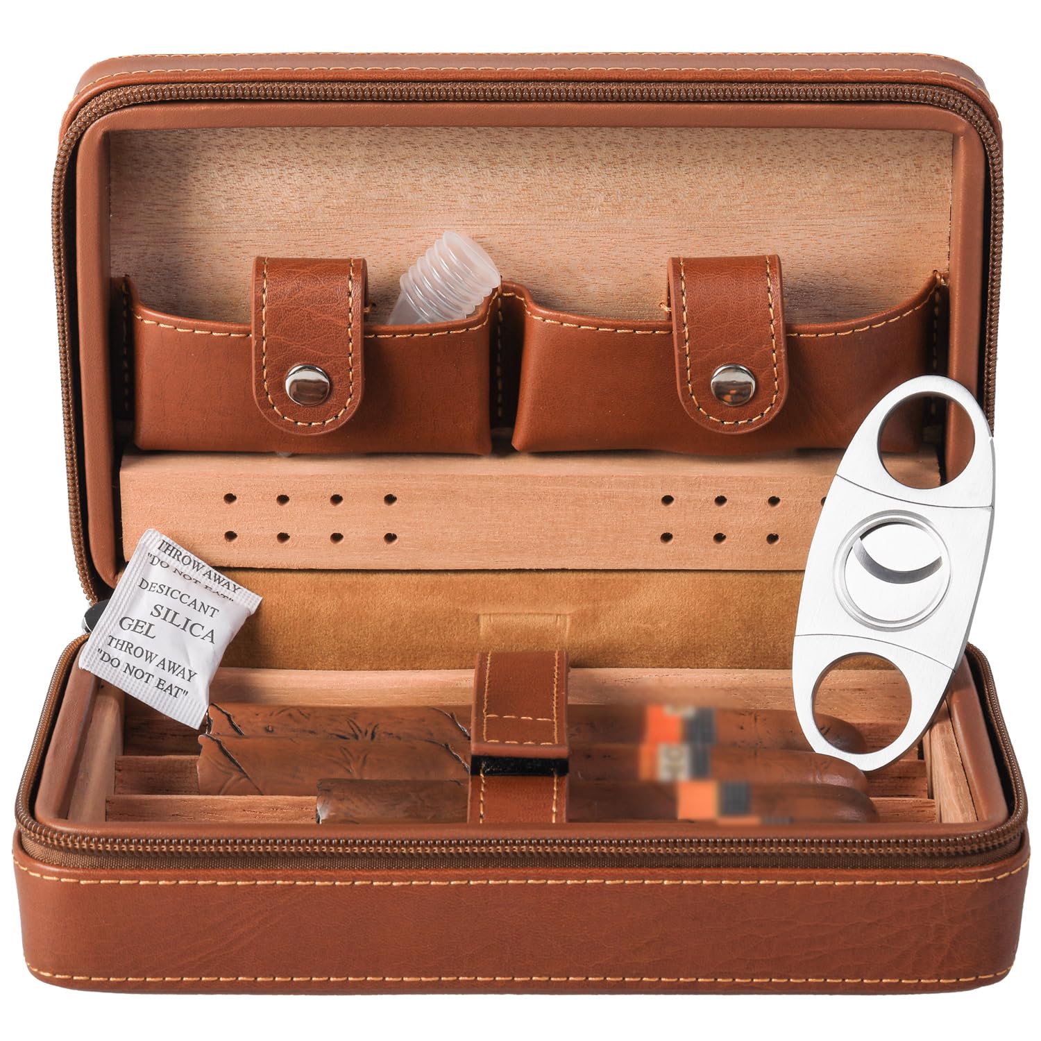 Premium 4 Finger Portable Travel Leather Cigar Case with Built-in Cutter & Humidifier - Perfect Humidor for Groomsmen, Birthday & Father's Day Gifts - Ideal for Travel, Business Trips & Outdoor Smoking