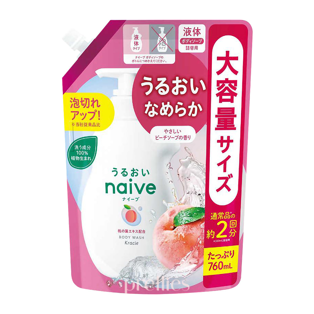 Kracie Naive Peach Body Wash Refill 760ml - Moisturizing Peach Scented Shower Gel for Soft Skin | Perfect for Daily Bath & Relaxing Shower Time