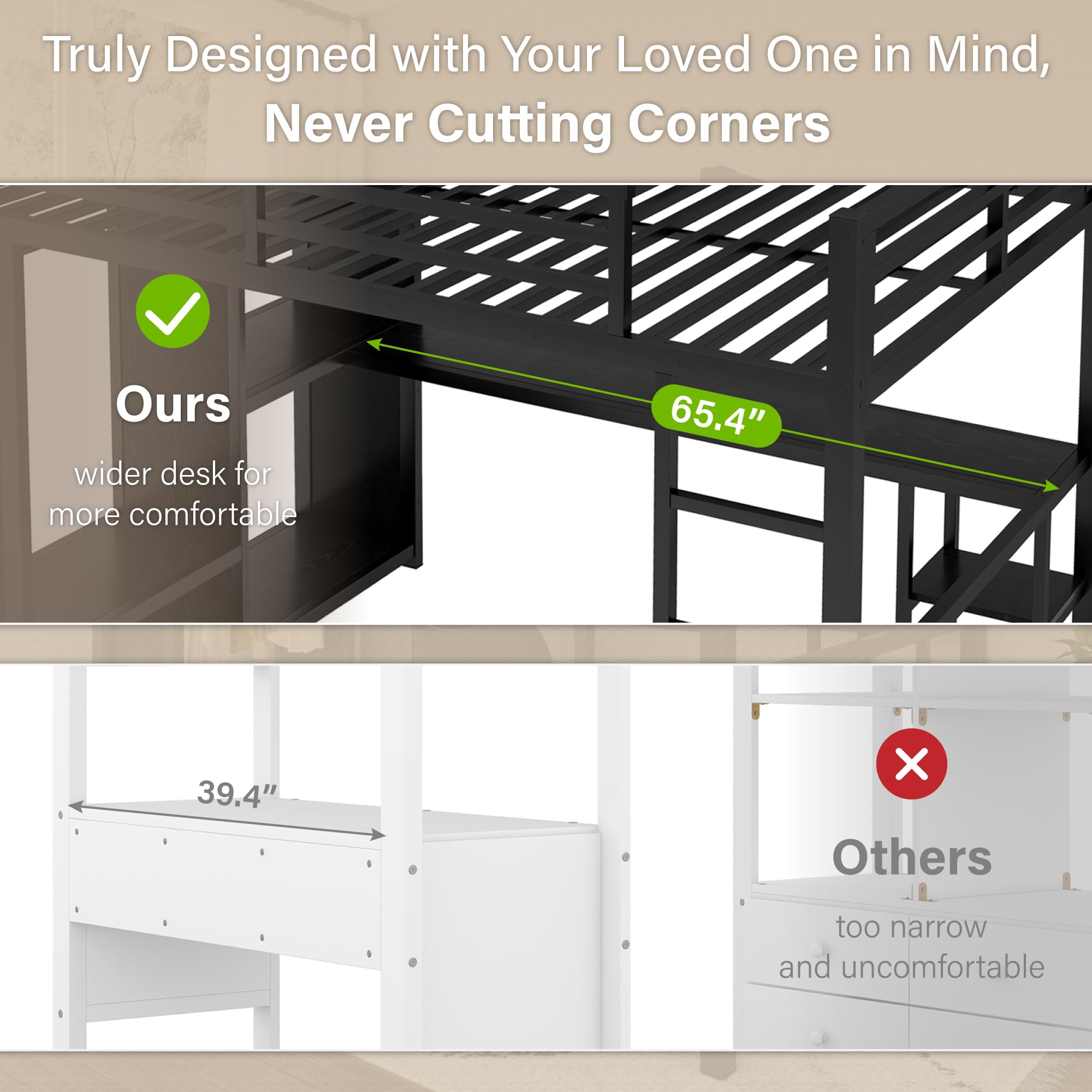 Queen Metal Loft Bed with Desk & Wardrobe - Heavy Duty Space-Saving Bed Frame with 6 Storage Shelves, Ladder & High Safety Guardrails | Sturdy Squeak-Free Design, No Box Spring Required in Polar Black | Perfect for Small Apartments, Dorms & Kids' Rooms