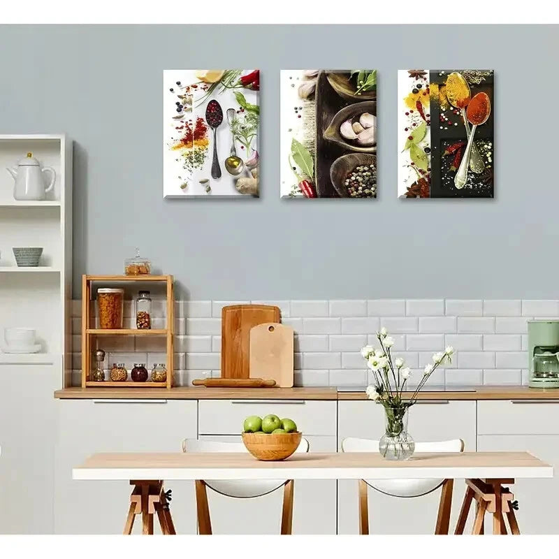 3-Piece Colorful Spices & Seasoning Herbs Metal Wall Art Prints - Ready to Hang Kitchen Decor for Home, Restaurant & Culinary Spaces