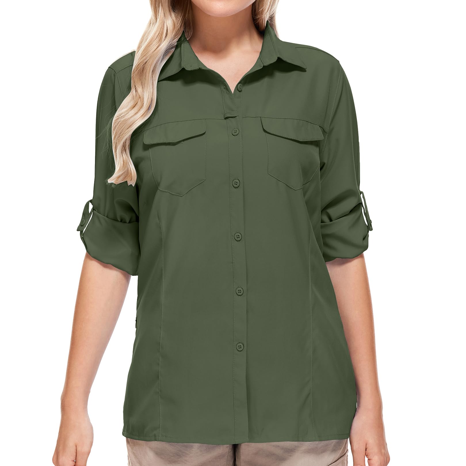 UPF50+ Sun Protection Fishing Shirts for Women & Men - Long Sleeve Travel & Safari Work Shirts with Zipper Pockets - Perfect for Outdoor Activities, Hiking, and Beach Vacations