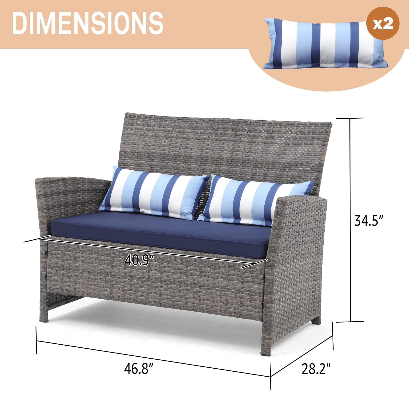 **SUNSITT Outdoor Wicker Loveseat with Cushions – 2-Seater PE Rattan Patio Sofa with Lumbar Pillows, Grey Wicker & Blue Cushions – Durable Steel Frame – Perfect for Porch, Backyard, Garden, Poolside Relaxation**
