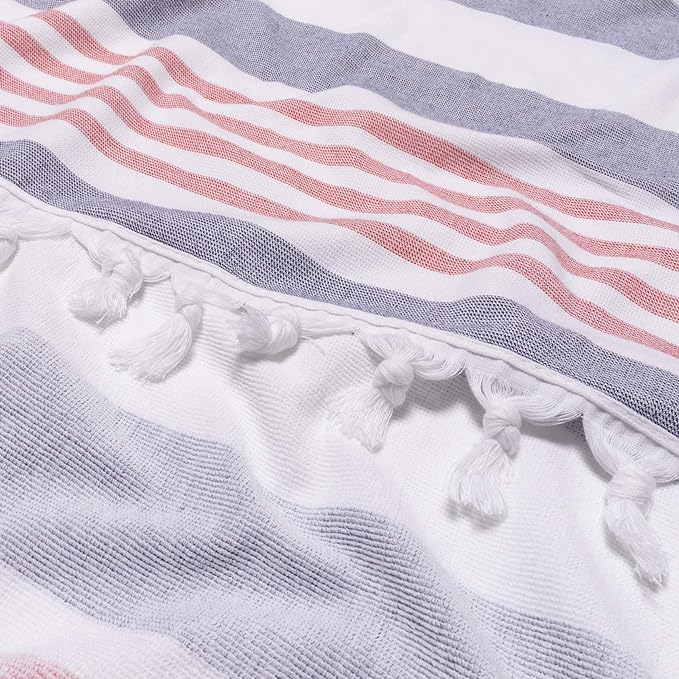 Coastal Resort Stripe Fouta 4-Piece Beach Towel Set with Tassels - Soft & Absorbent for Pool, Beach, Spa & Outdoor Use