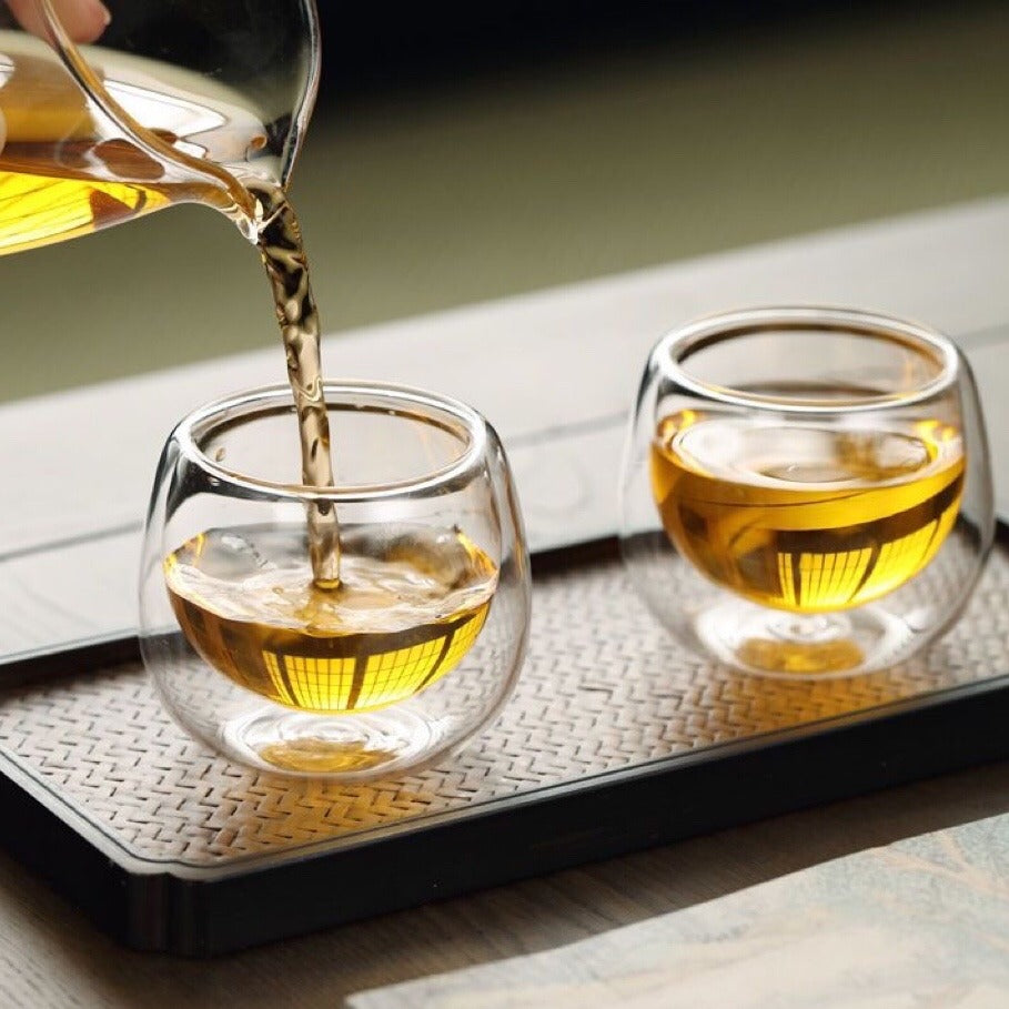Premium Double Wall Glass Gongfu Tea Cup Set of 6 - Insulated Tea Tasting Cups for Hot/Cold Brews - Perfect for Chinese Tea Ceremony, Home Tea Party & Office Use