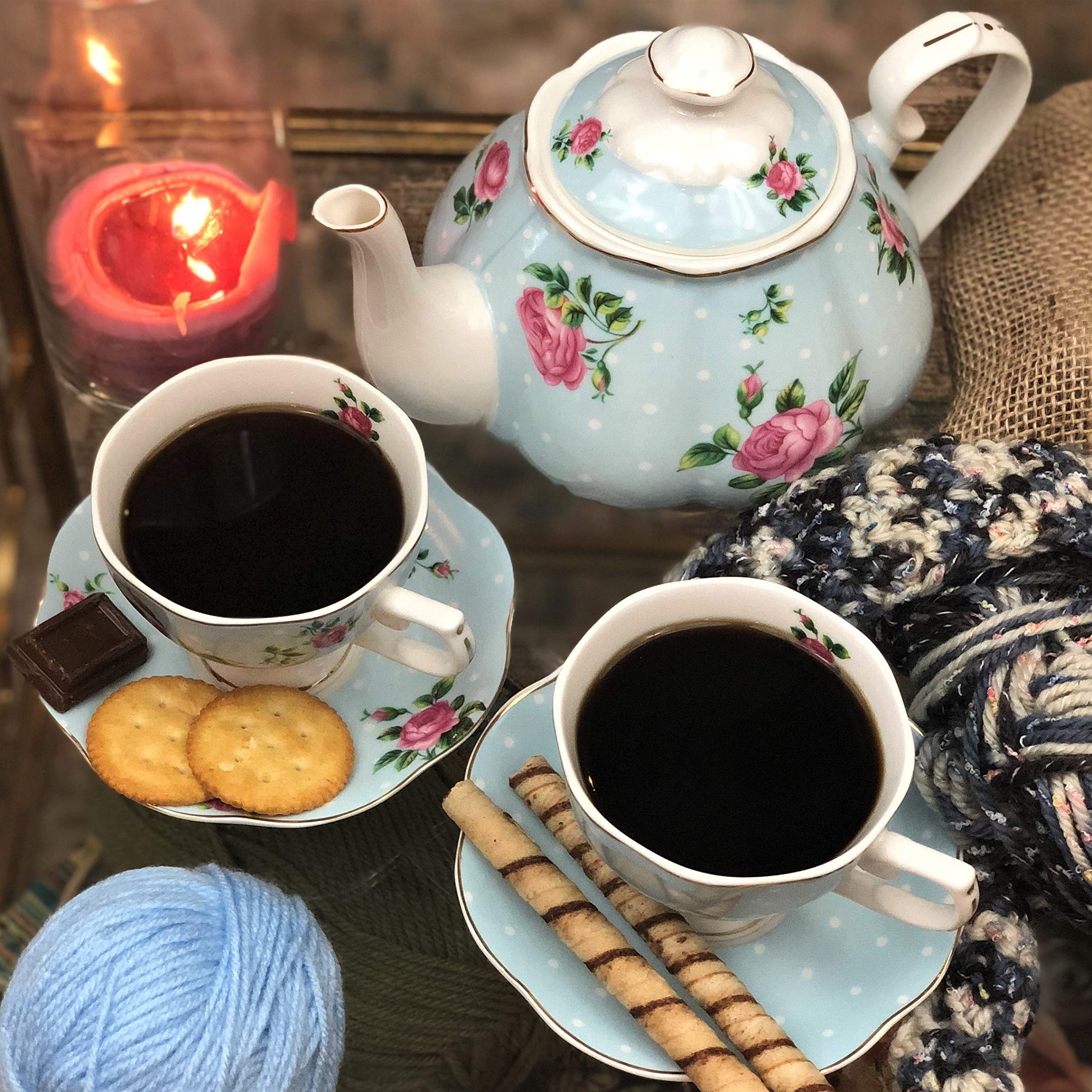 BTaT Floral Tea Set - 8oz Tea Cups, 38oz Teapot, Creamer & Sugar Bowl - Elegant Porcelain Tea Set for Adults (4-Piece) - Perfect for Afternoon Tea, Bridal Showers & Home Decor