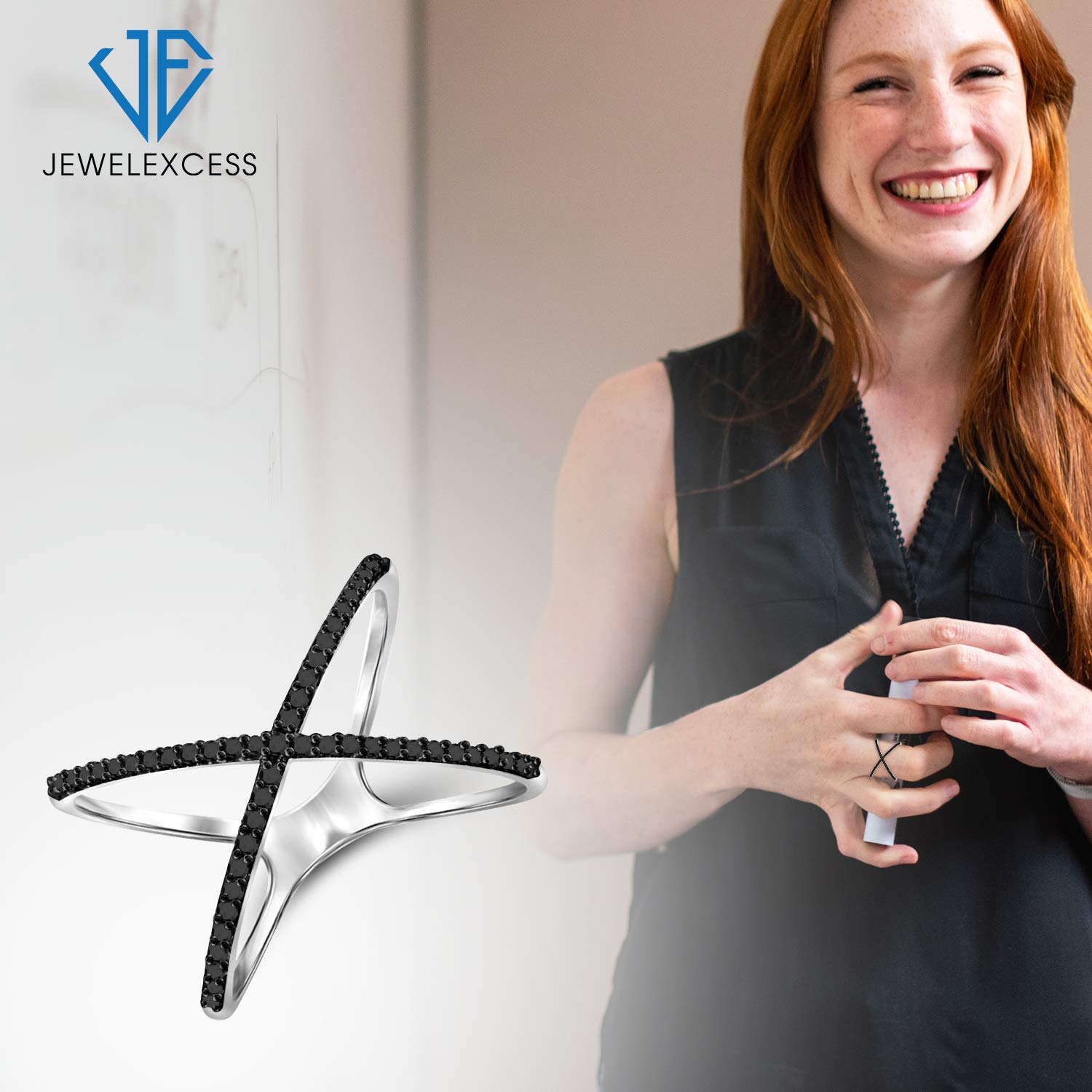Sterling Silver Criss Cross Ring with 1/7 Carat Black Diamond – .925 Hypoallergenic X Ring for Women | Elegant Stackable Jewelry for Date Night, Wedding & Everyday Wear